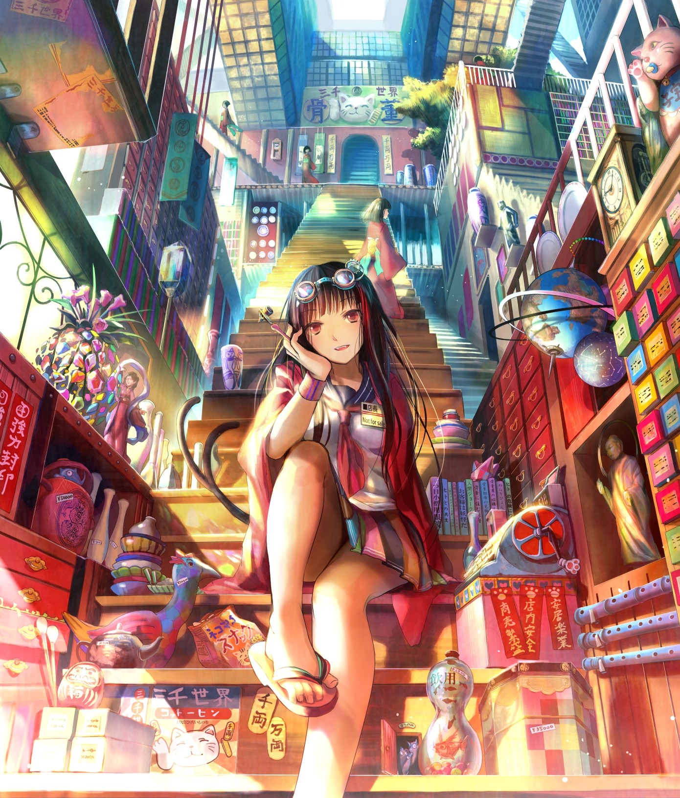 Anime 1390x1631 Fuji Choko original characters books brunette Japanese clothes anime legs sitting black hair red eyes stairs looking at viewer