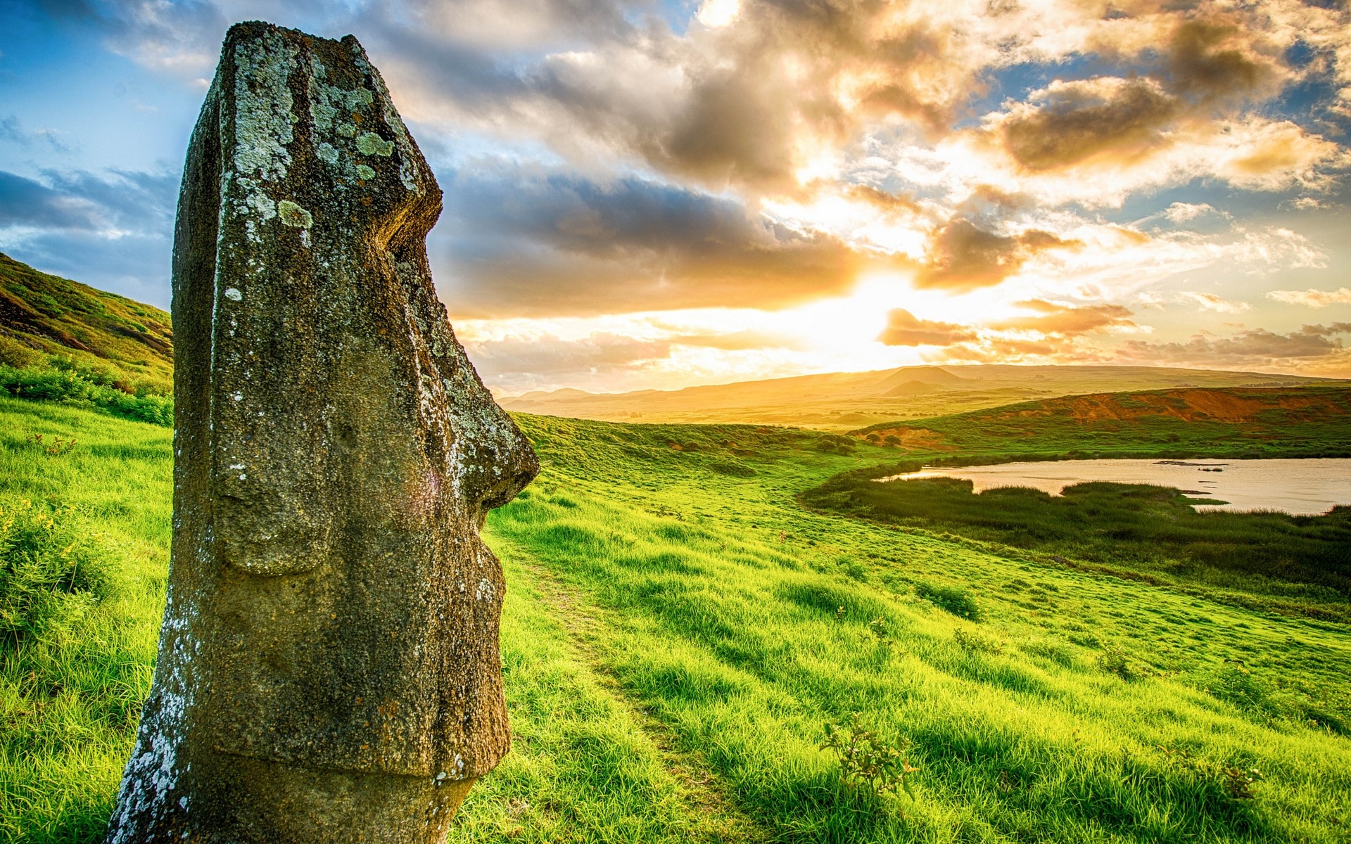 General 1920x1200 landscape nature Moai Rapa Nui Easter Island archeology statue sunset beach clouds sea Chile grass enigma hills World Heritage Site colorful