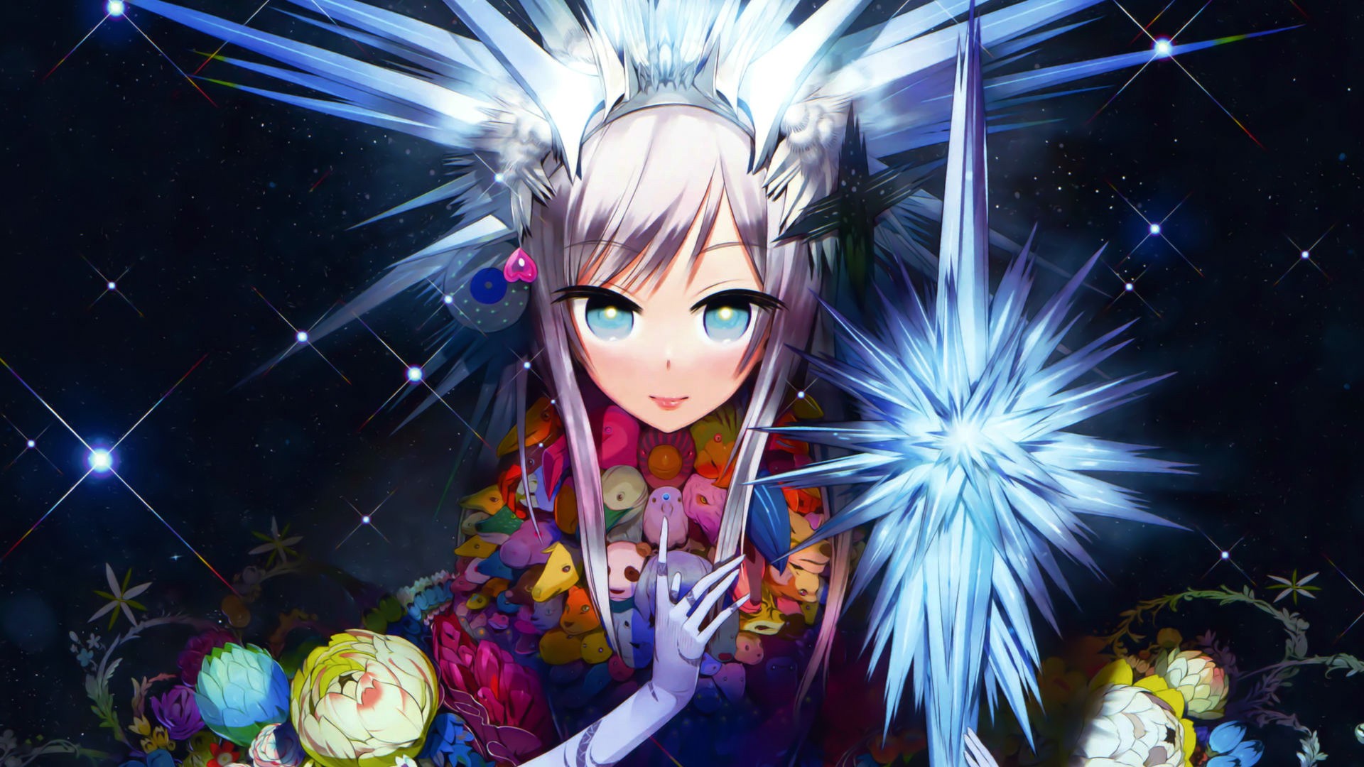 Anime 1920x1080 anime girls solo original characters gloves blue eyes flowers blue flowers silver hair looking at viewer crown headdress anime fantasy art face fantasy girl