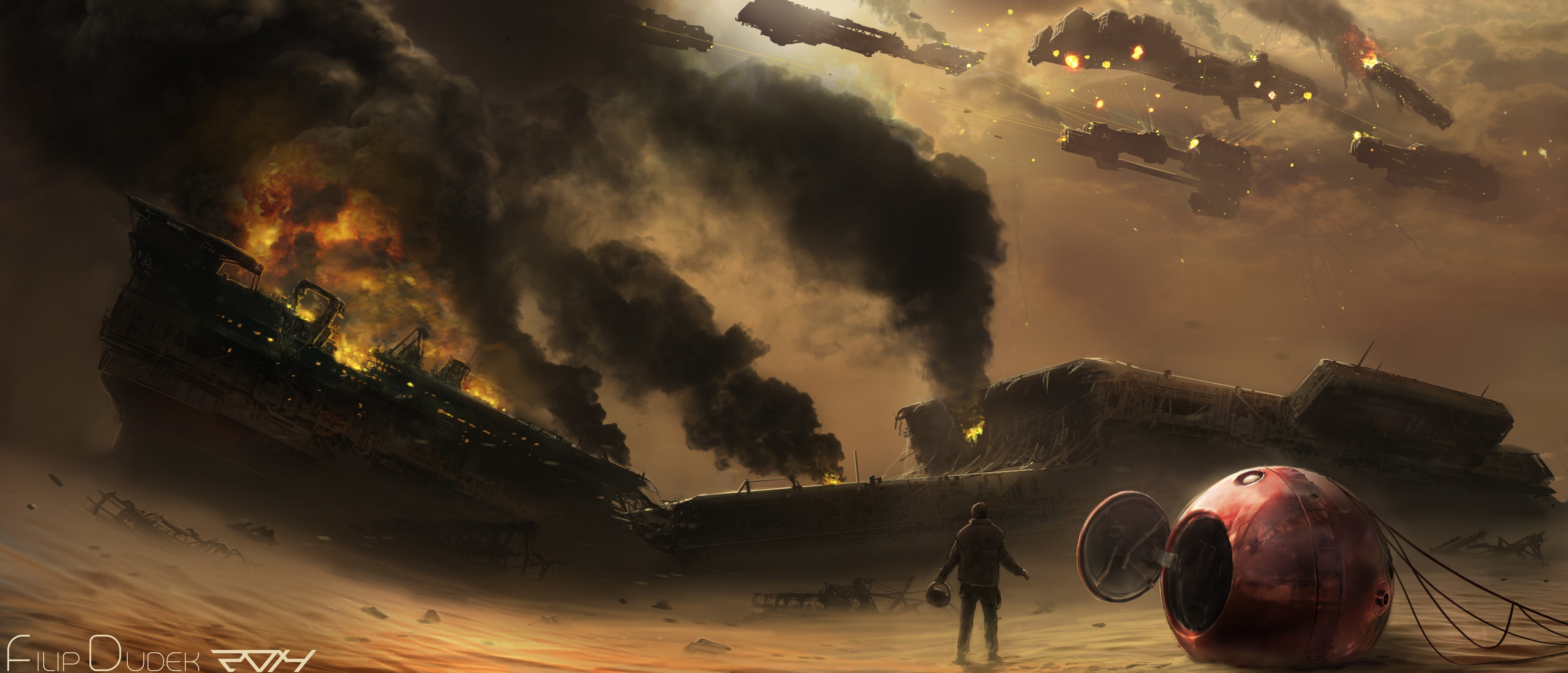 General 5796x2489 futuristic apocalyptic sky fire desert ship digital art watermarked 2014 (Year)