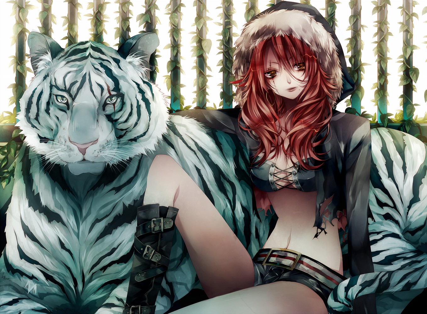 Anime 1358x1000 anime animals tiger redhead original characters hoods anime girls boobs belly pants looking at viewer mammals big cats fantasy art fantasy girl