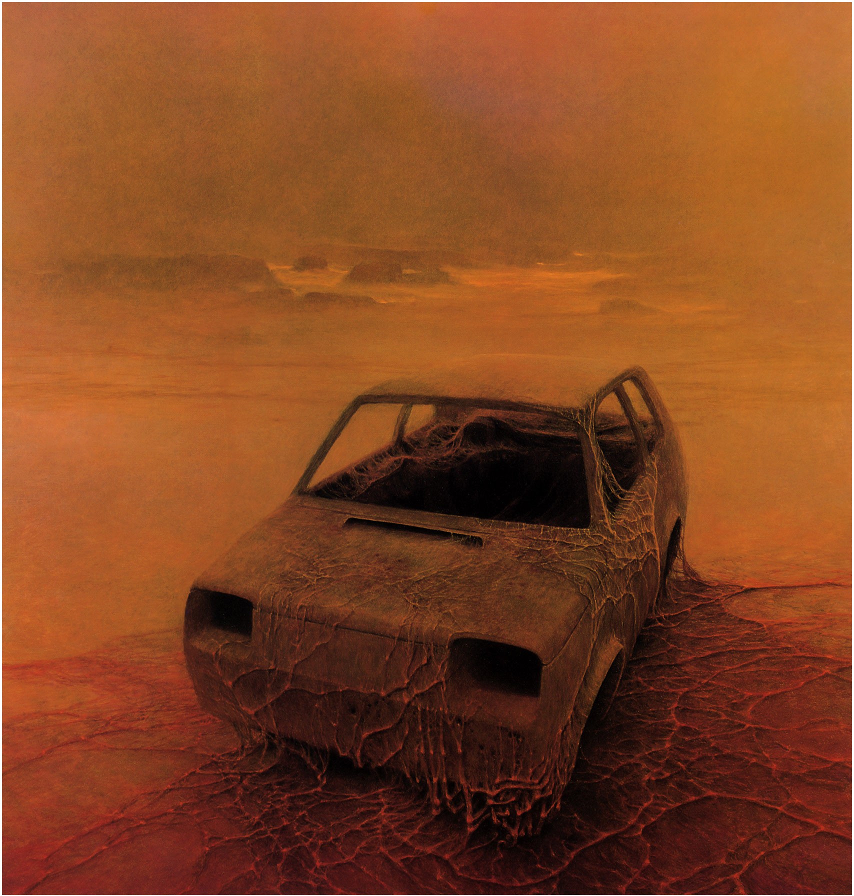 General 1708x1792 Zdzisław Beksiński car wreck vehicle artwork creepy fantastic realism horror dreamscape desolation FIAT 126 painting