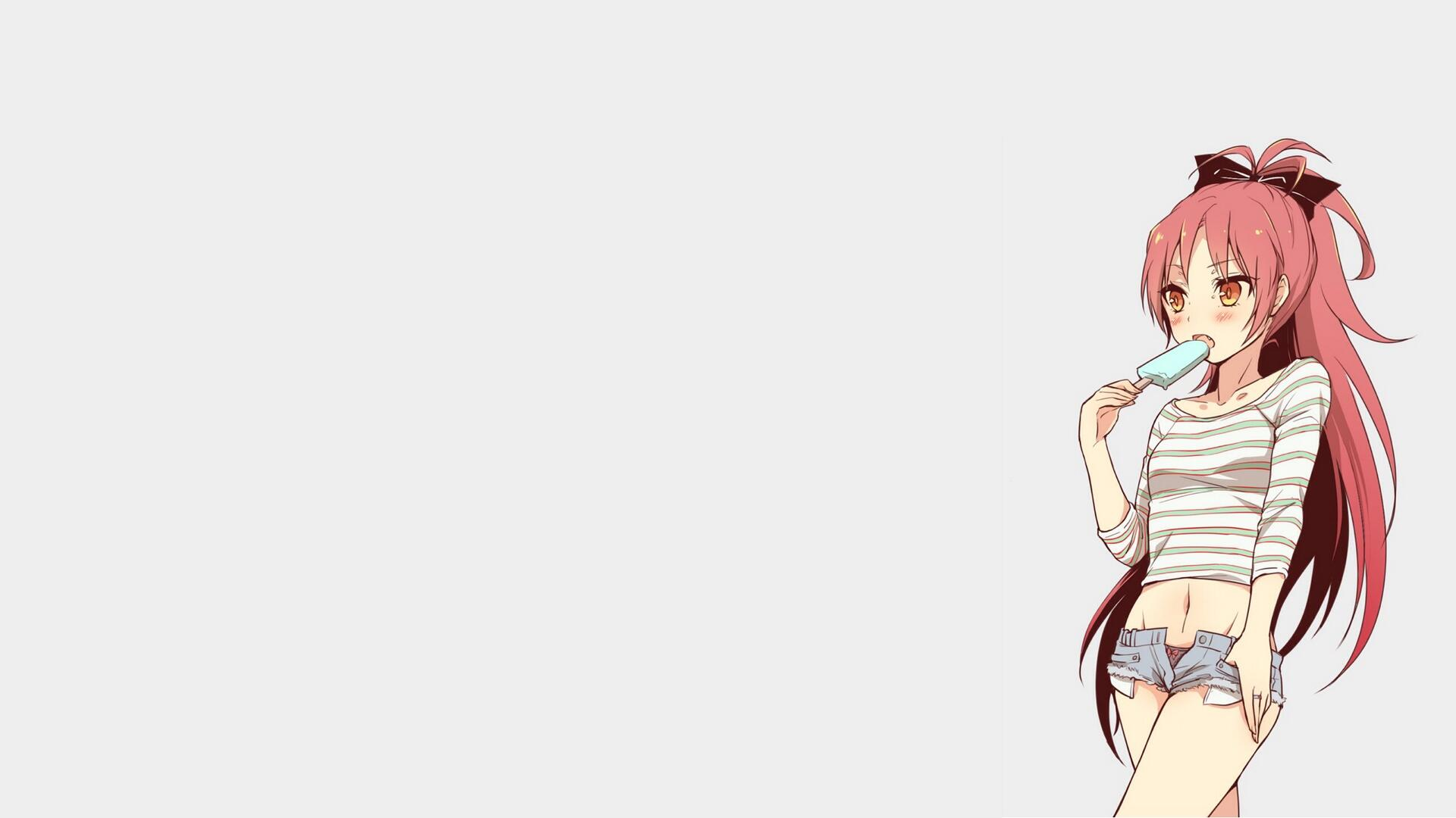 Anime 1920x1080 simple background anime girls anime popsicle food sweets redhead red eyes belly bare midriff long hair