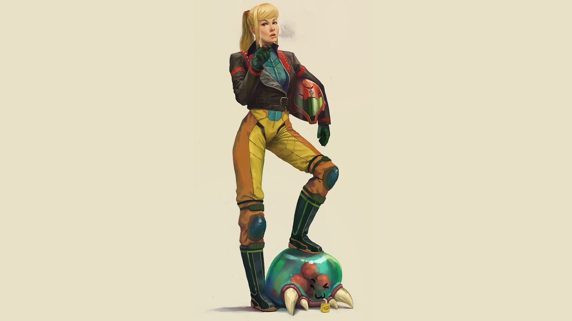 General 1920x1080 Metroid Samus Aran simple background white background helmet fighter pilot outfit video game girls video game art standing science fiction fan art science fiction women blonde video games