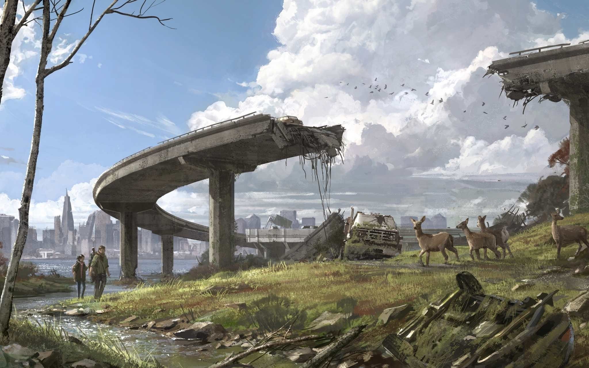 General 2048x1280 apocalyptic artwork futuristic ruins science fiction bridge deer animals sky clouds