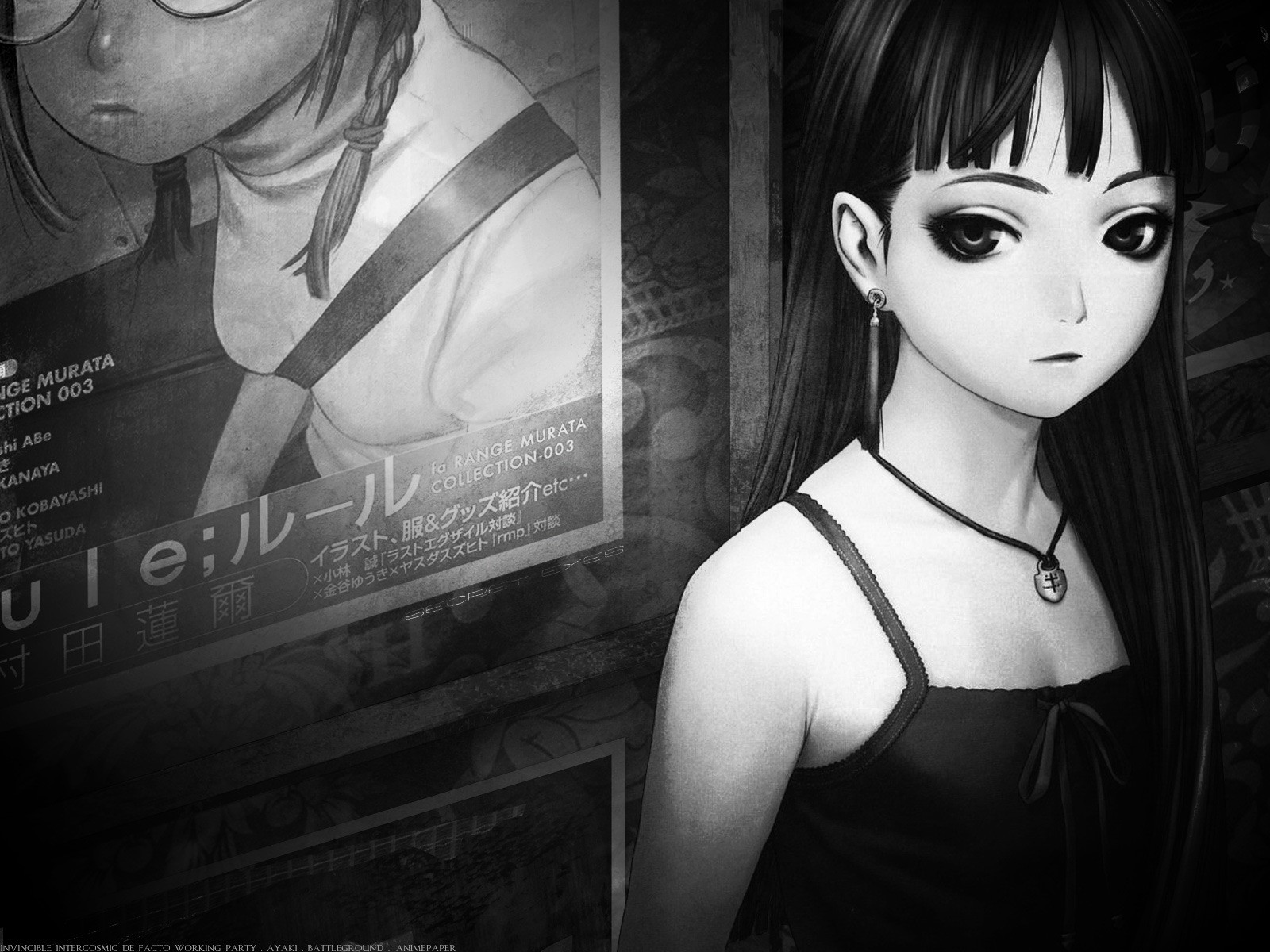 Anime 1600x1200 Murata Range monochrome long hair black dress poster necklace looking at viewer standing straight hair women