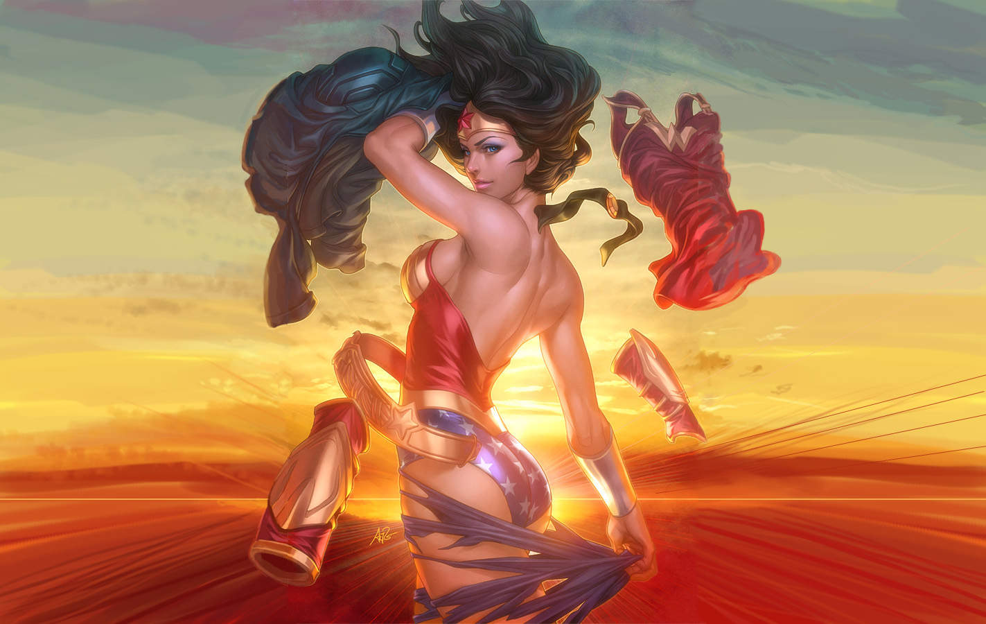 General 1423x900 DC Comics Wonder Woman superheroines fantasy art fantasy girl dark hair boobs back ass blue eyes Artgerm