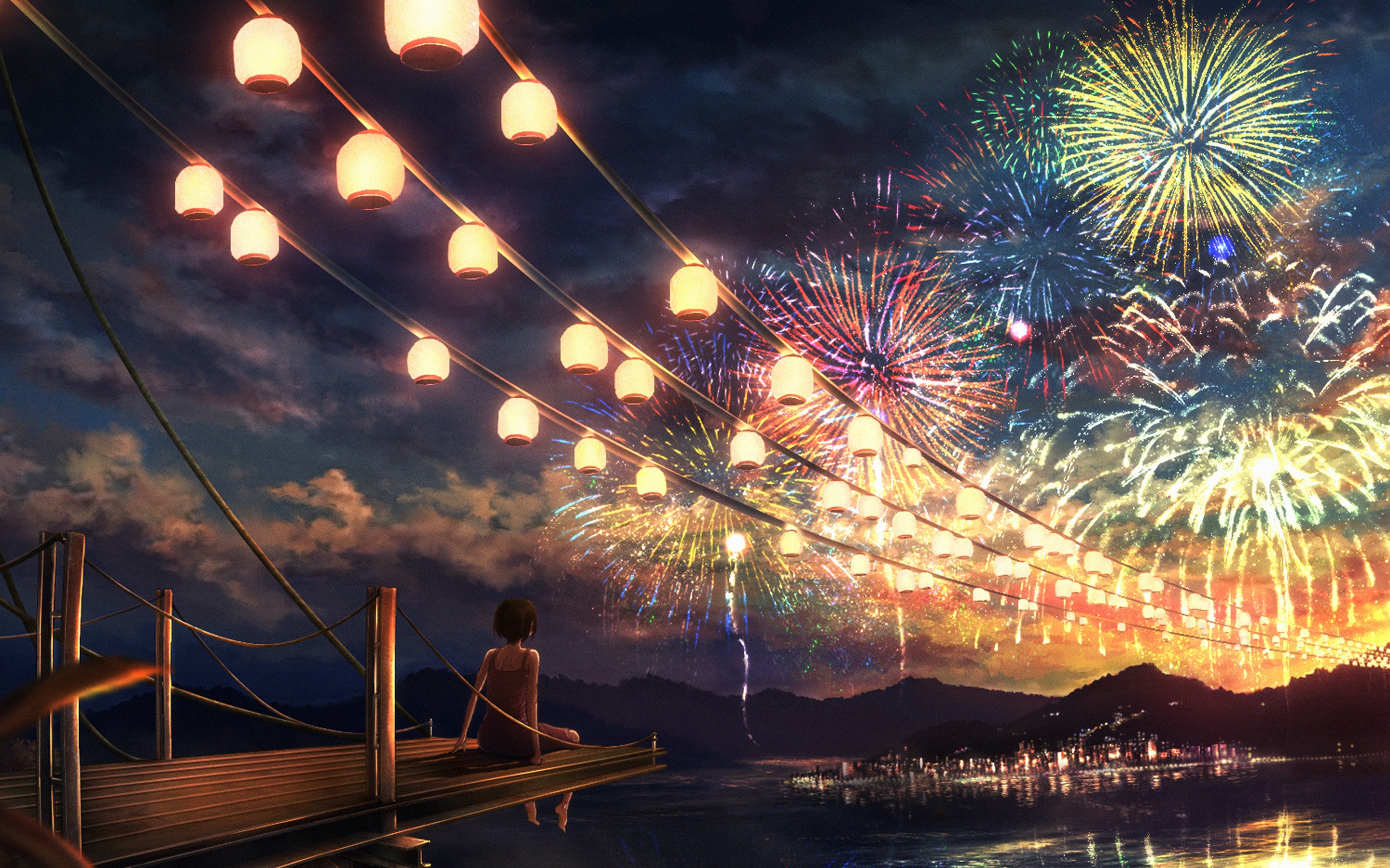 Anime 2880x1800 anime girls night river looking into the distance fireworks women outdoors sky sitting alone lantern night sky outdoors anime