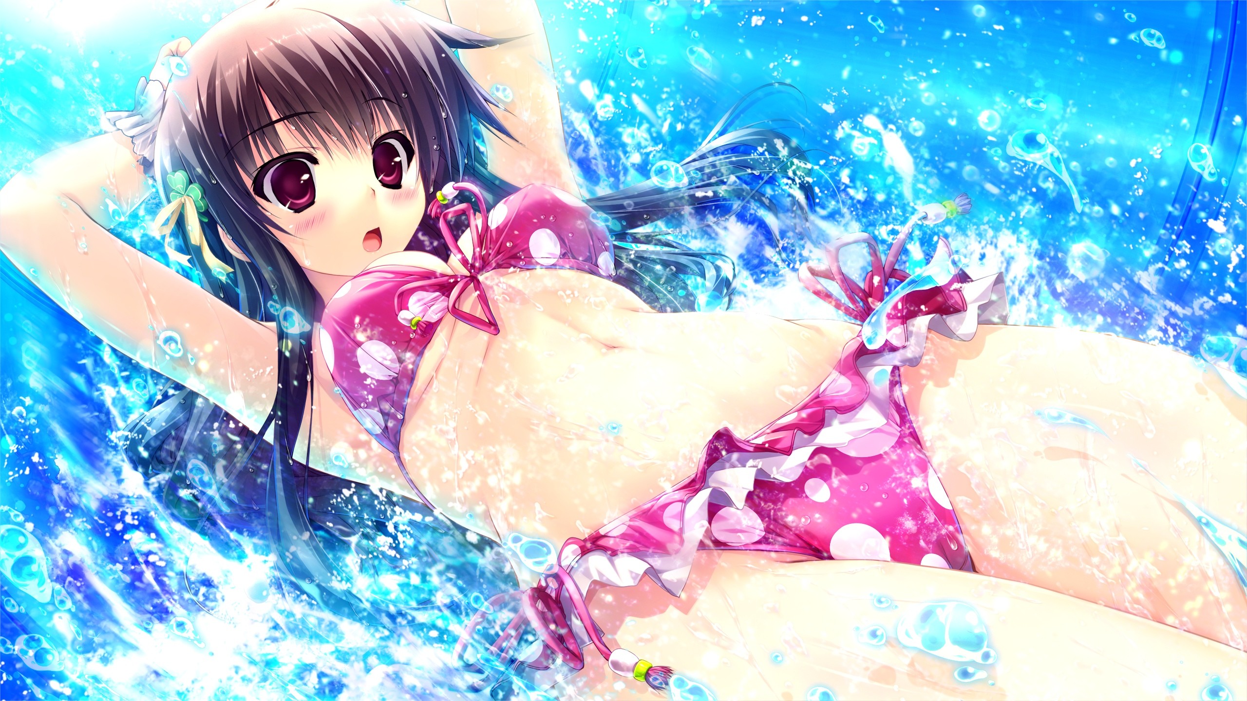 Anime 2560x1440 anime girls bikini anime water cyan Prism Recollection Shintarou swimwear belly boobs pink bikini brunette in water