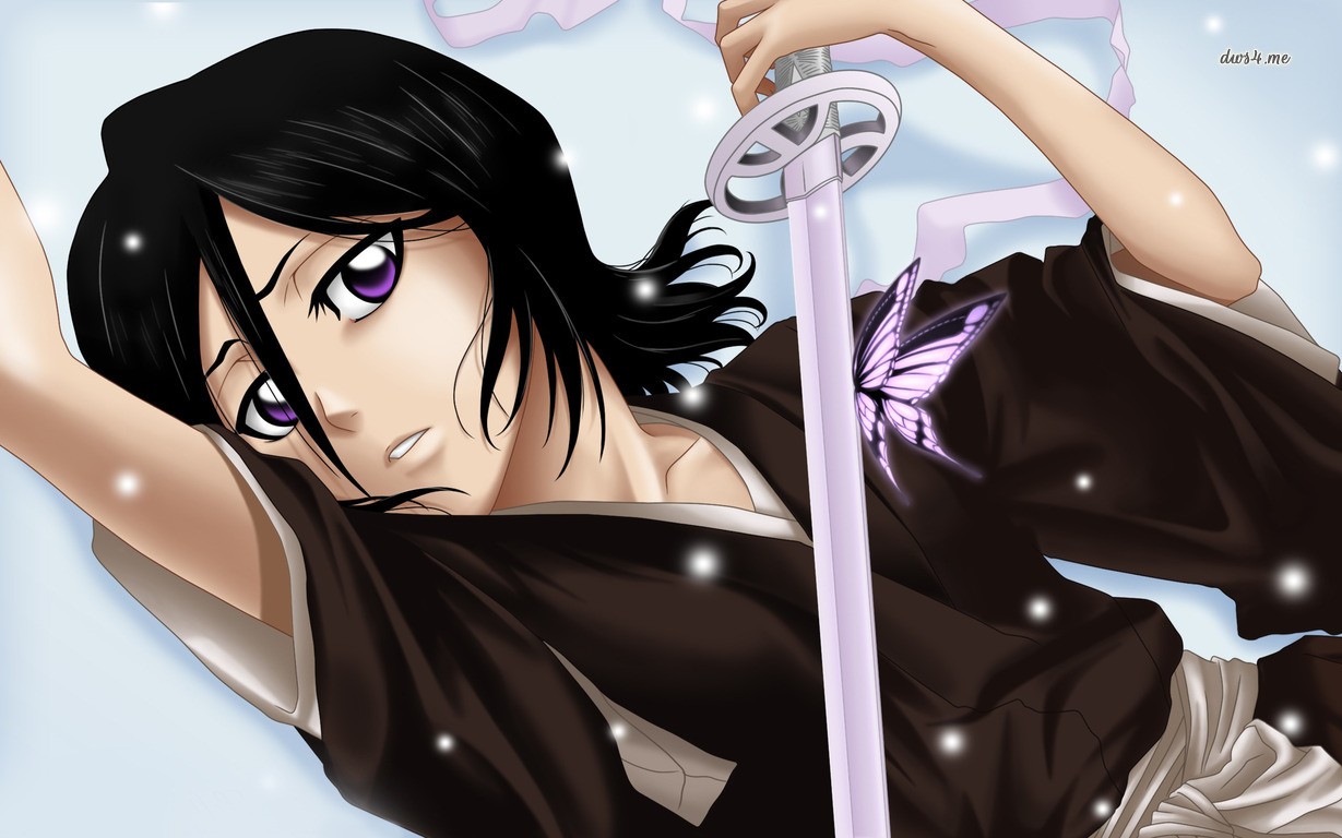 Anime 1229x768 Bleach Kuchiki Rukia fantasy art fantasy girl anime anime girls sword dark hair black hair women with swords purple eyes