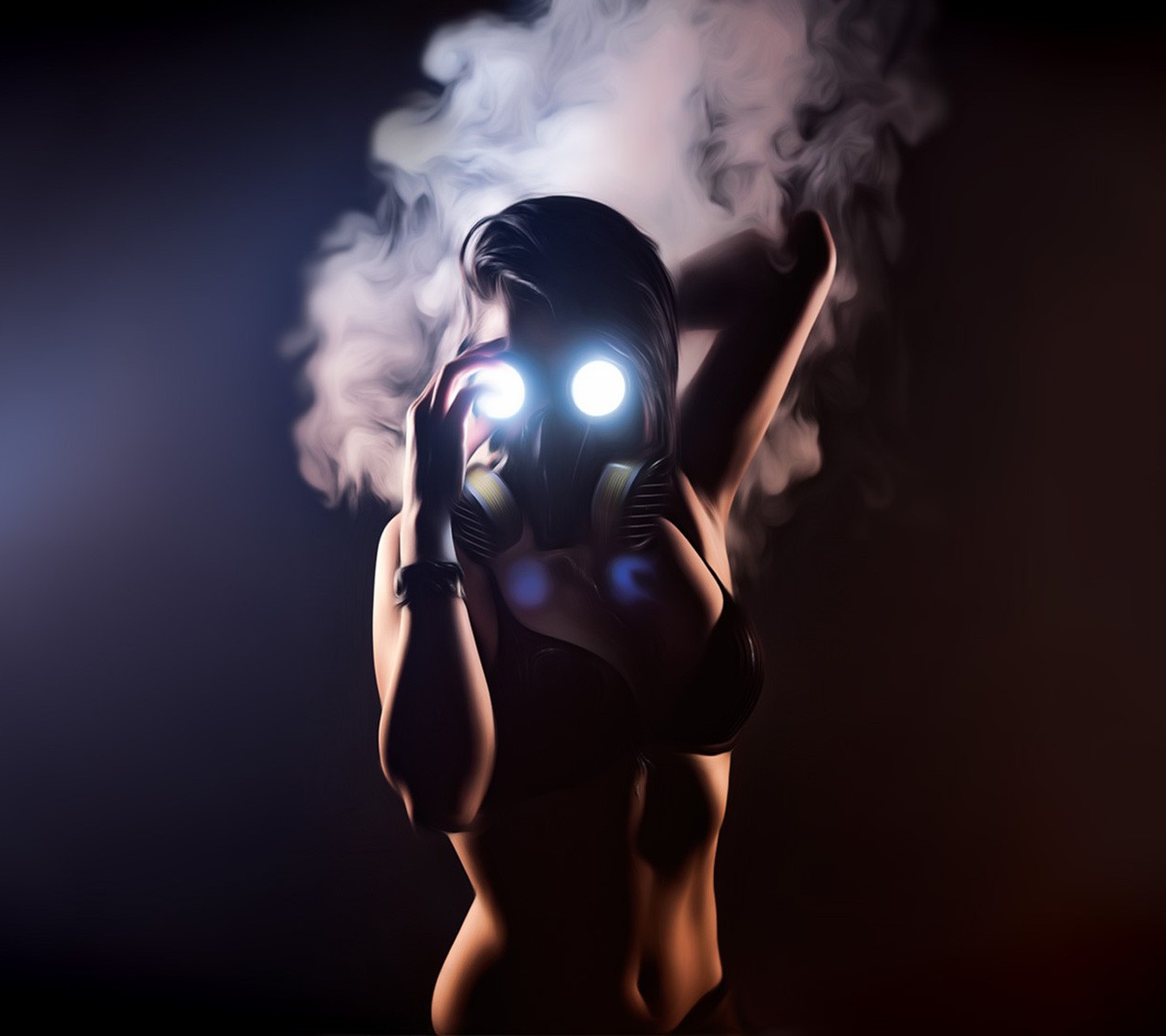 People 1440x1280 artwork erotic art  women arms up bra belly gas masks glowing eyes smoke standing simple background toxic Coltography