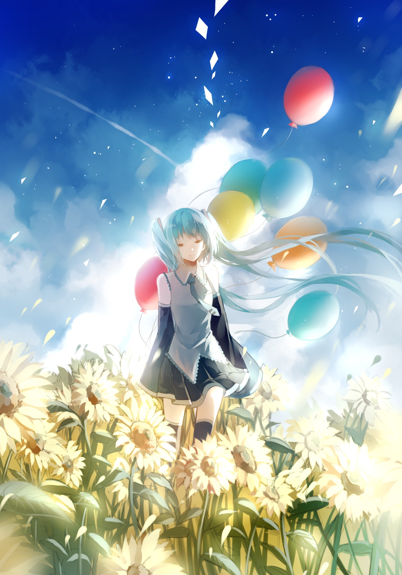 Anime 1400x2000 Vocaloid Hatsune Miku long hair twintails balloon flowers thigh-highs necktie skirt petals wind sky clouds anime girls anime