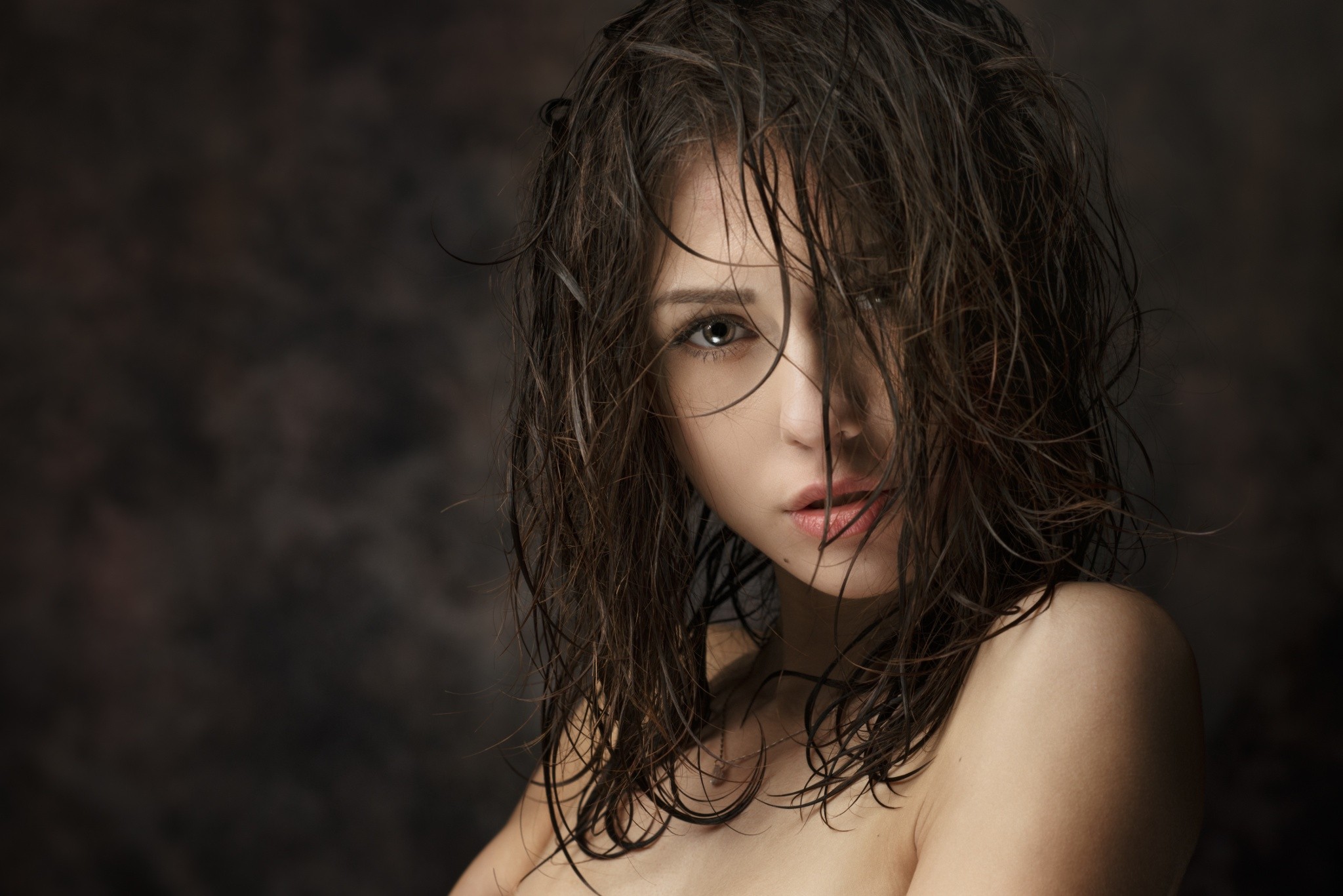 People 2048x1367 women model brunette Catherine Timokhina face wet hair looking at viewer women indoors indoors portrait hair in face Russian women Russian model implied nude lustful look closeup