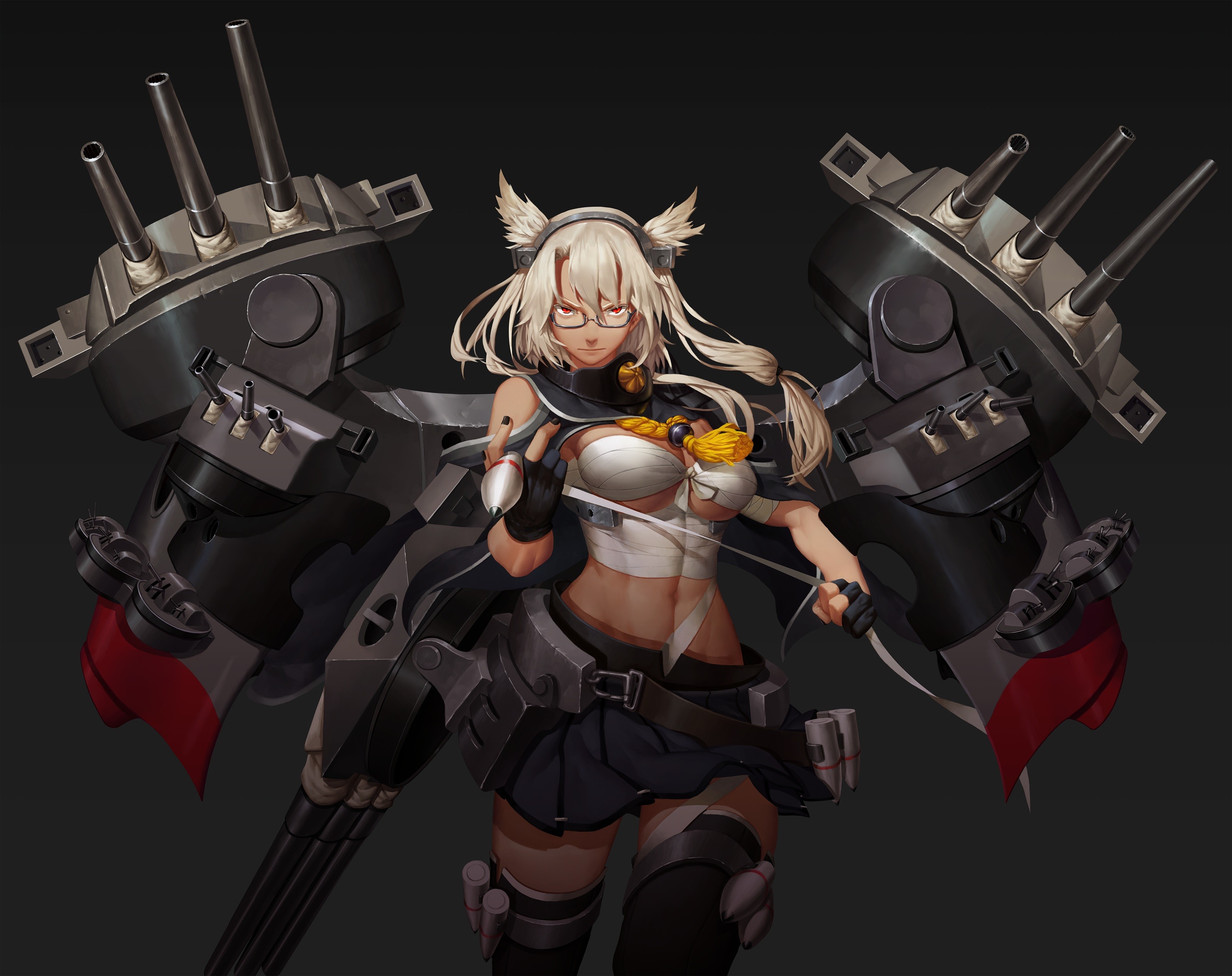 Anime 3202x2537 Kantai Collection Musashi (KanColle) anime girls big boobs blonde red eyes glasses anime boobs belly mecha girls simple background abs black nails women with glasses black background gradient