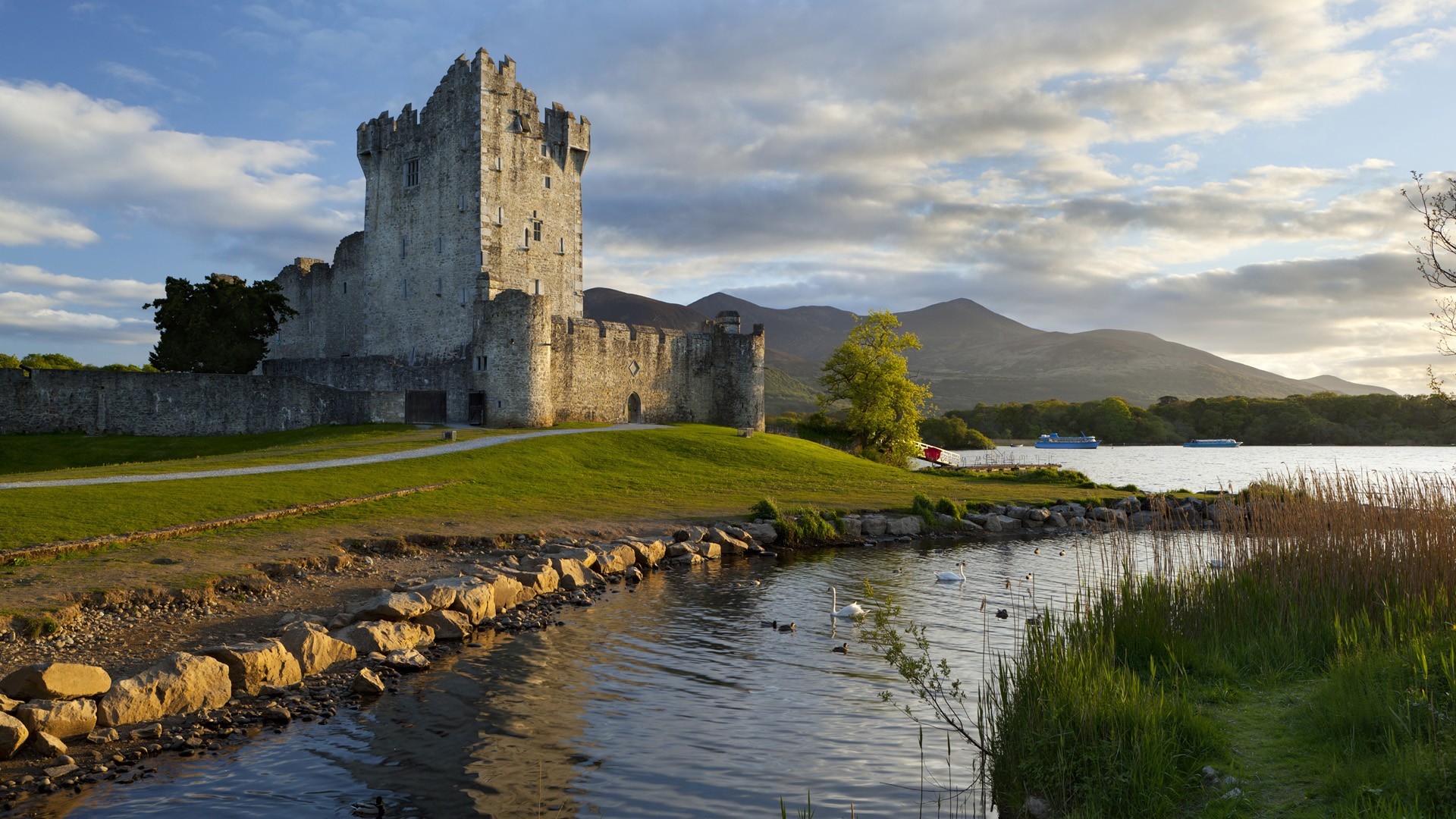 General 1920x1080 nature landscape architecture castle tower water clouds trees Ireland hills grass path stones river lake ship swans forest bricks wall