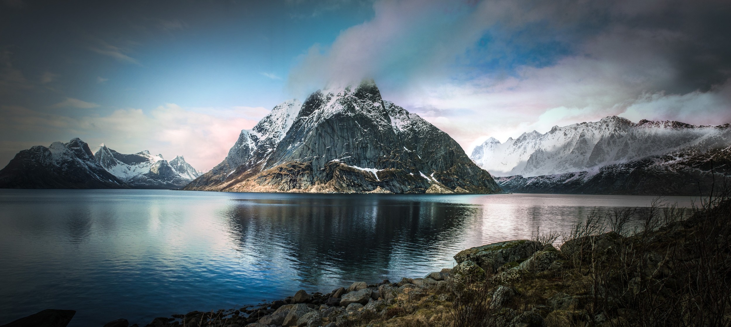 General 2500x1118 nature landscape fjord mountains snowy peak clouds Norway spring Arctic blue water sea lake