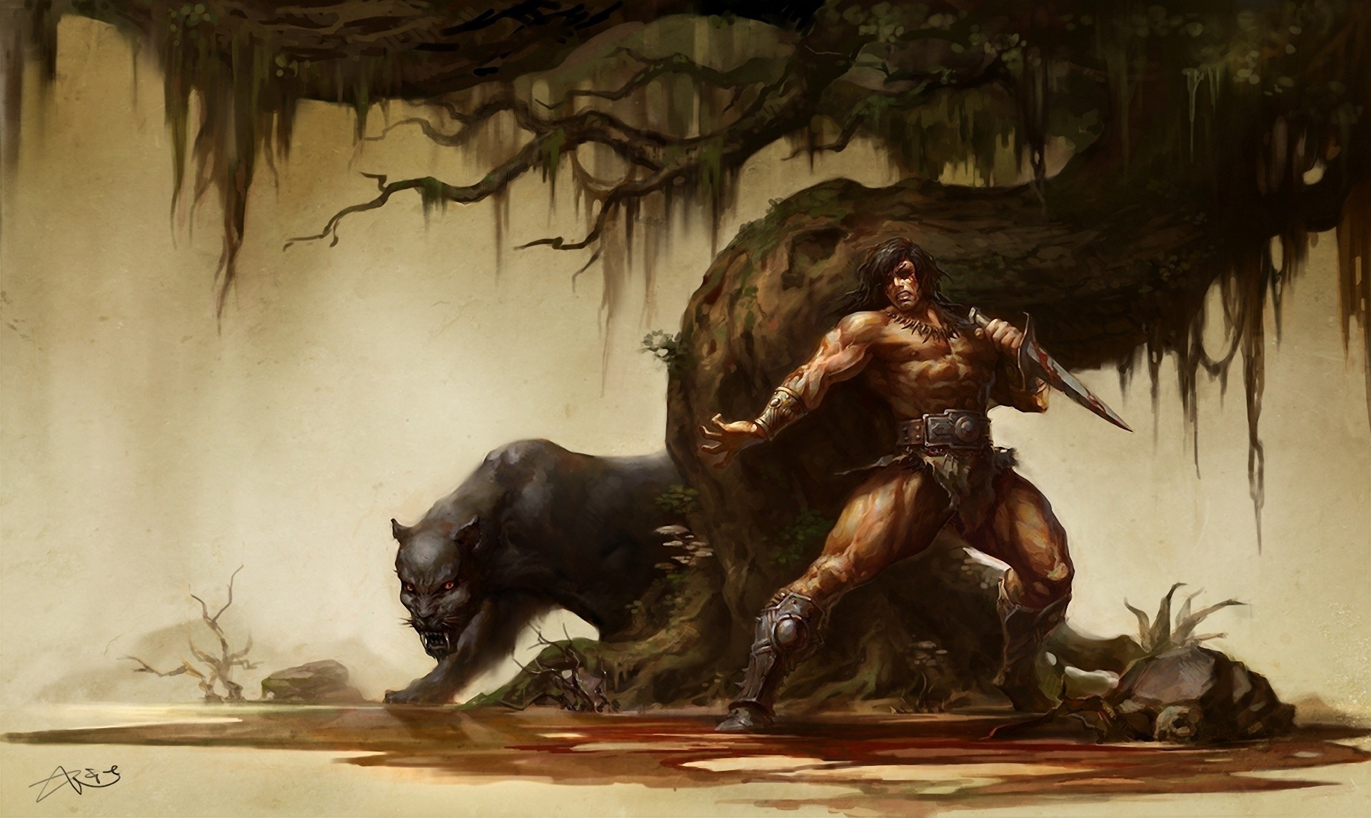 General 1920x1146 artwork fantasy art fantasy men creature blood muscles Conan the Barbarian