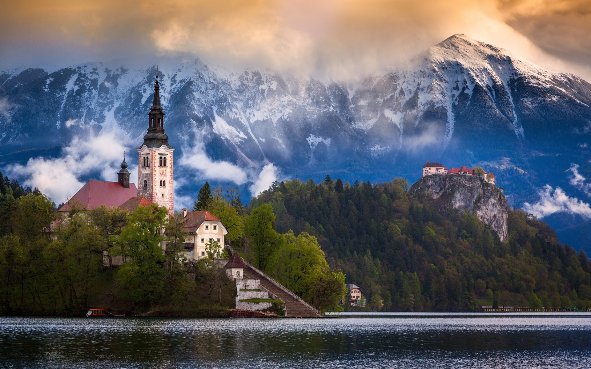 General 1920x1200 nature photography landscape mountains water church snowy peak snowy mountain Lake Bled Slovenia island lake