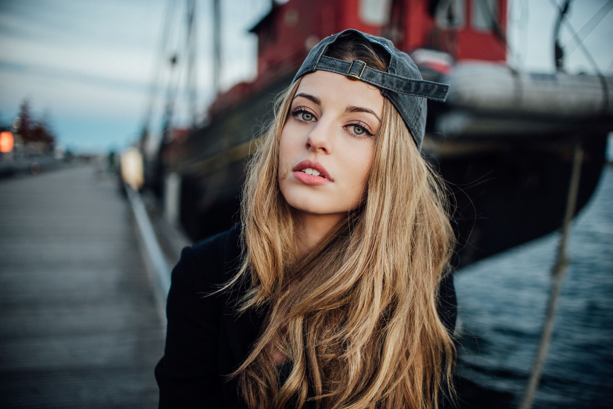 People 2048x1367 women portrait face blonde baseball cap long hair black clothing Canadian juicy lips Canada parted lips women outdoors boat vehicle hat women with hats looking at viewer young women
