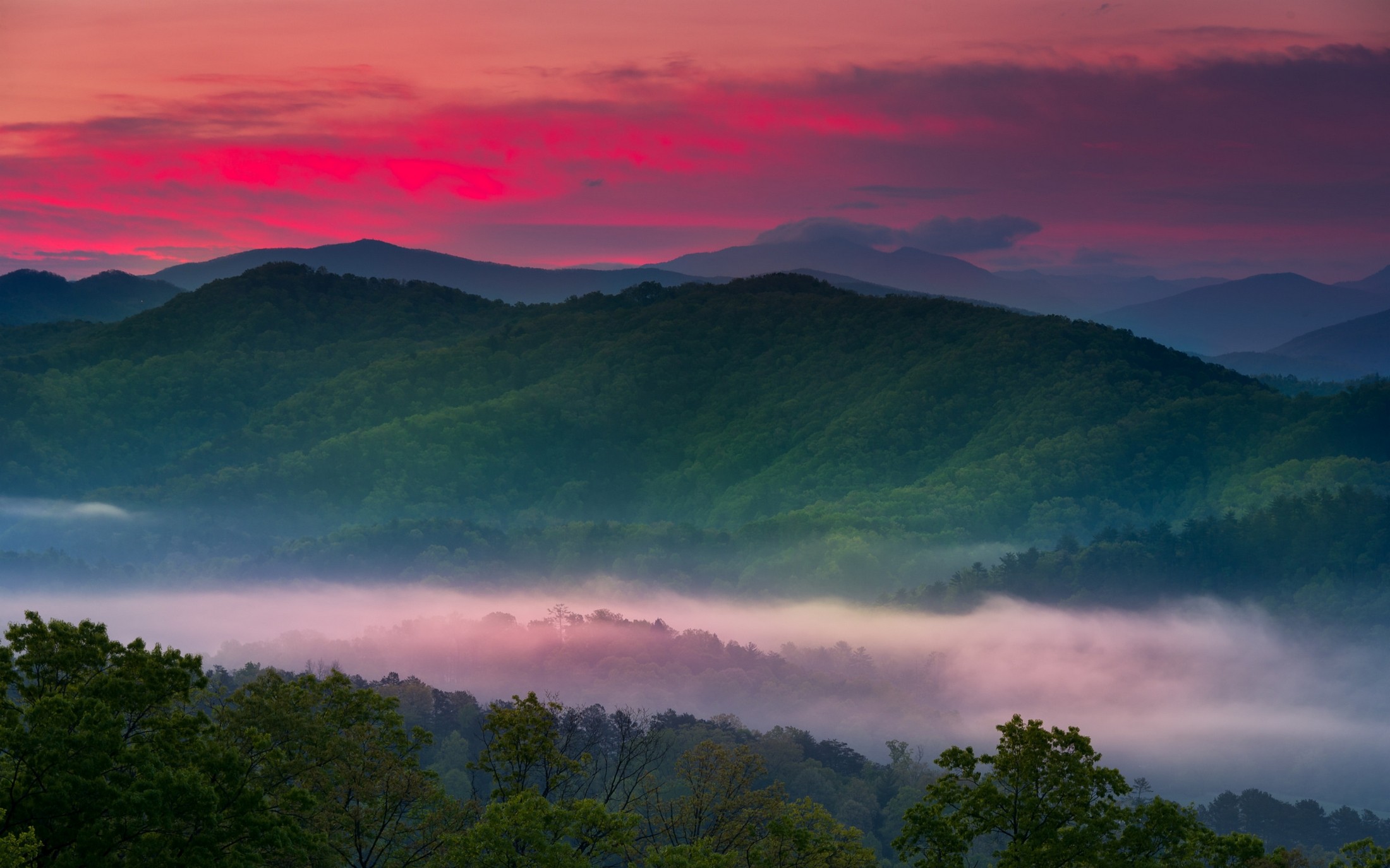 General 2200x1375 nature landscape spring mist valley mountains forest red sky trees clouds