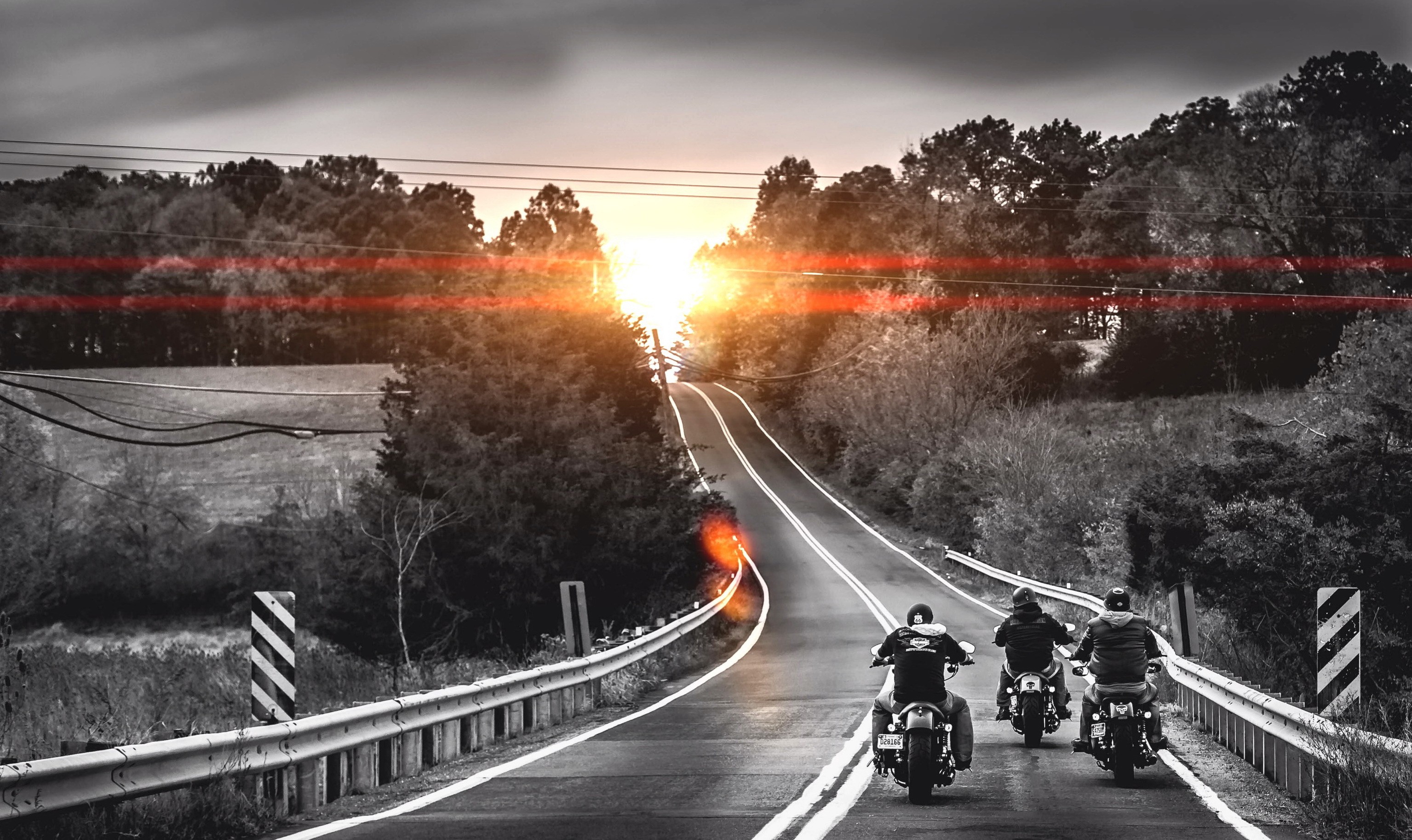 General 3070x1827 trees street road selective coloring sunset biker motorcycle vehicle sunlight asphalt