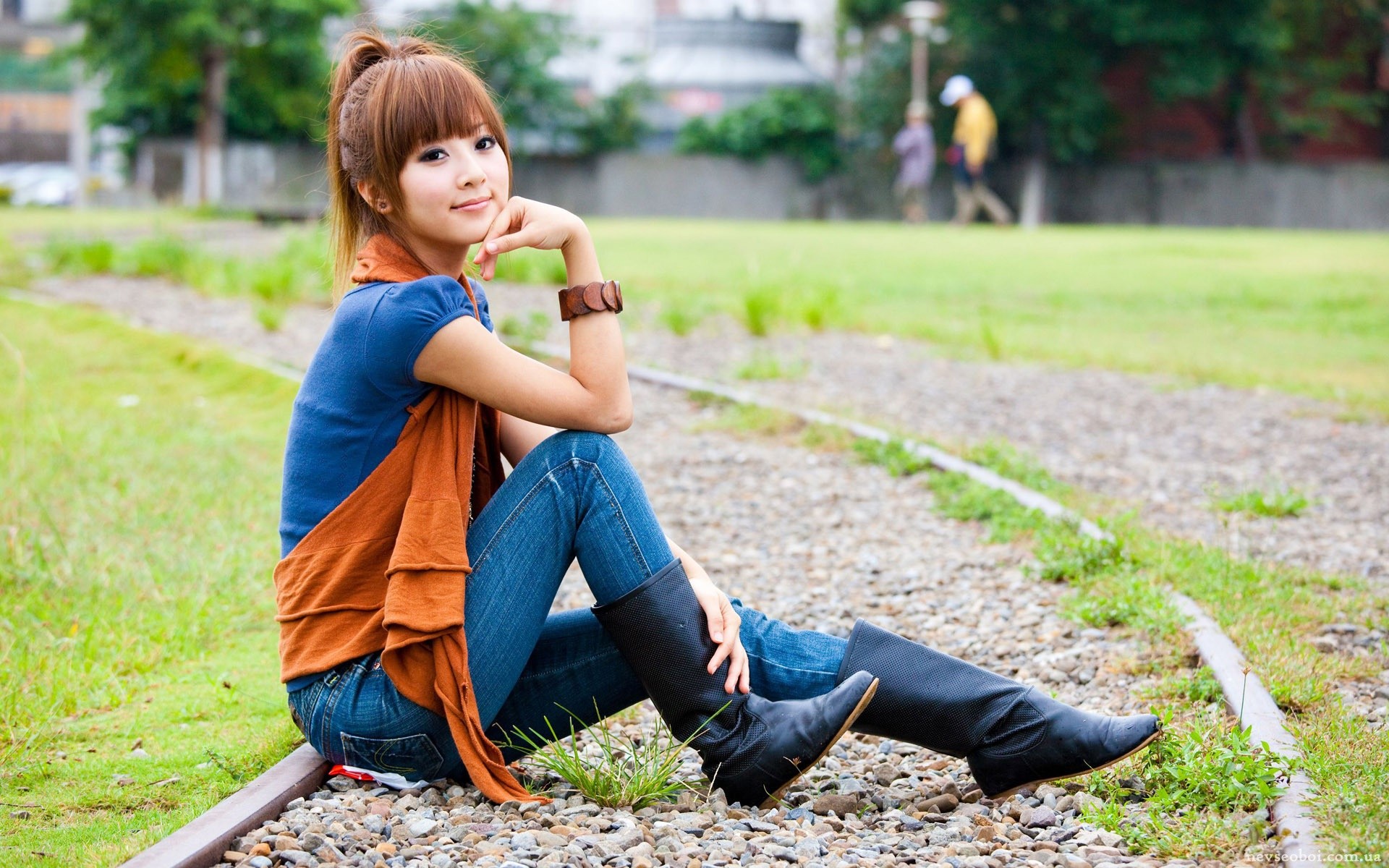 People 1920x1200 Asian women jeans auburn hair bangs sitting women outdoors looking at viewer dyed hair bracelets boots