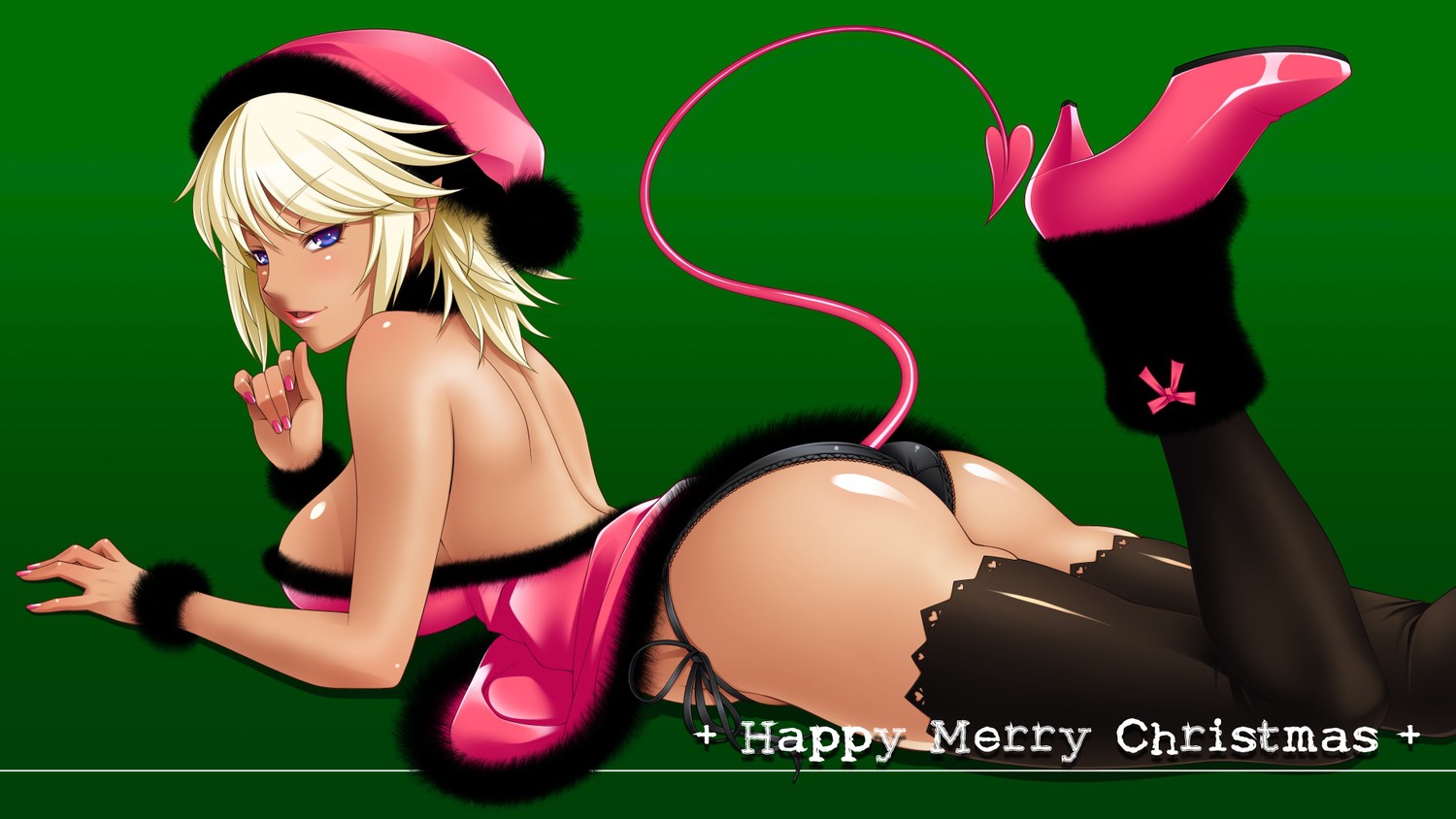 Anime 1500x844 anime blonde tail blue eyes hat thigh-highs panties Christmas ass purple eyes boobs big boobs pointy ears green background simple background lying on front anime girls