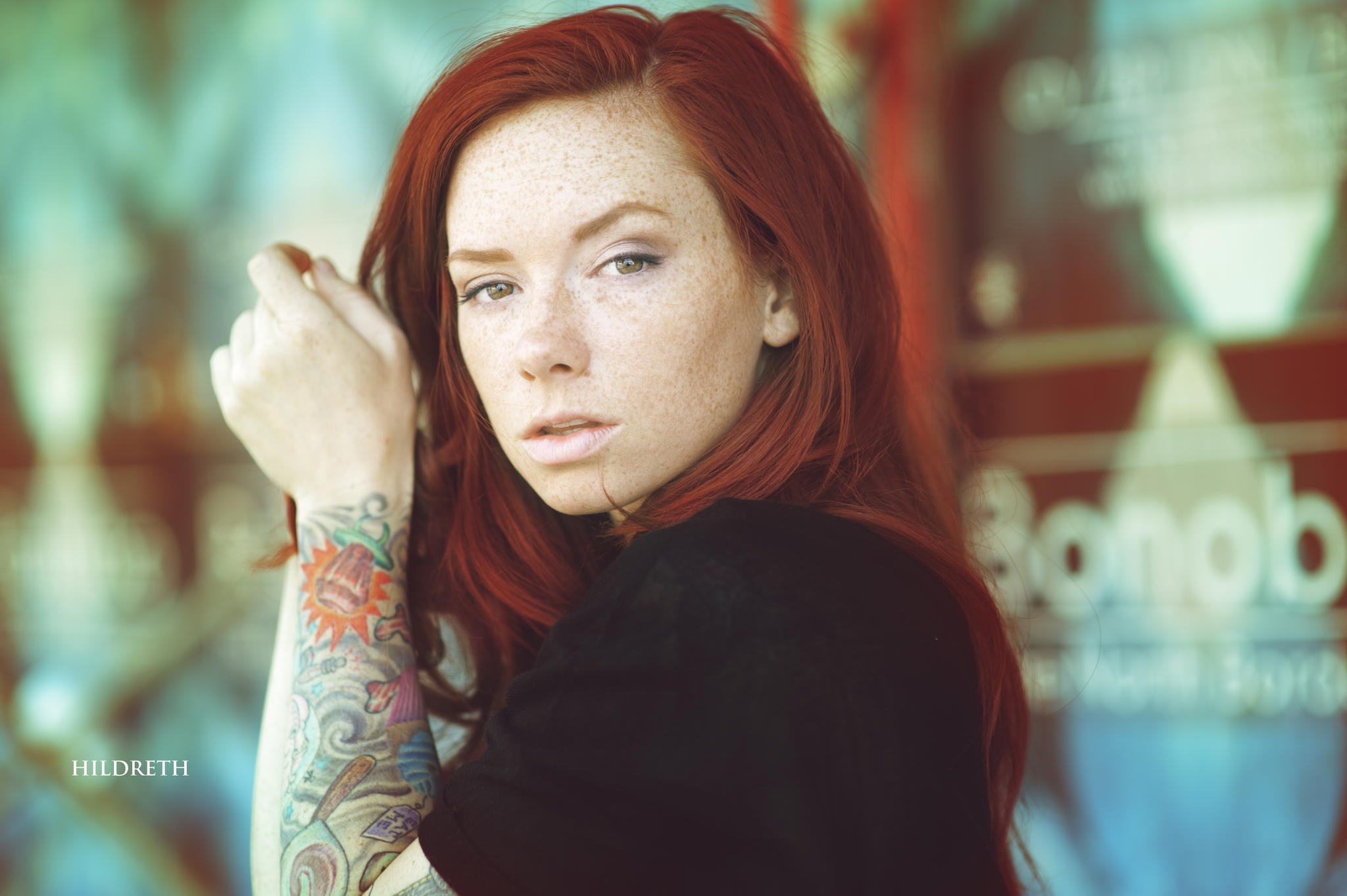 People 2048x1363 women freckles face Charles Hildreth Hattie Watson inked girls model looking at viewer redhead watermarked closeup