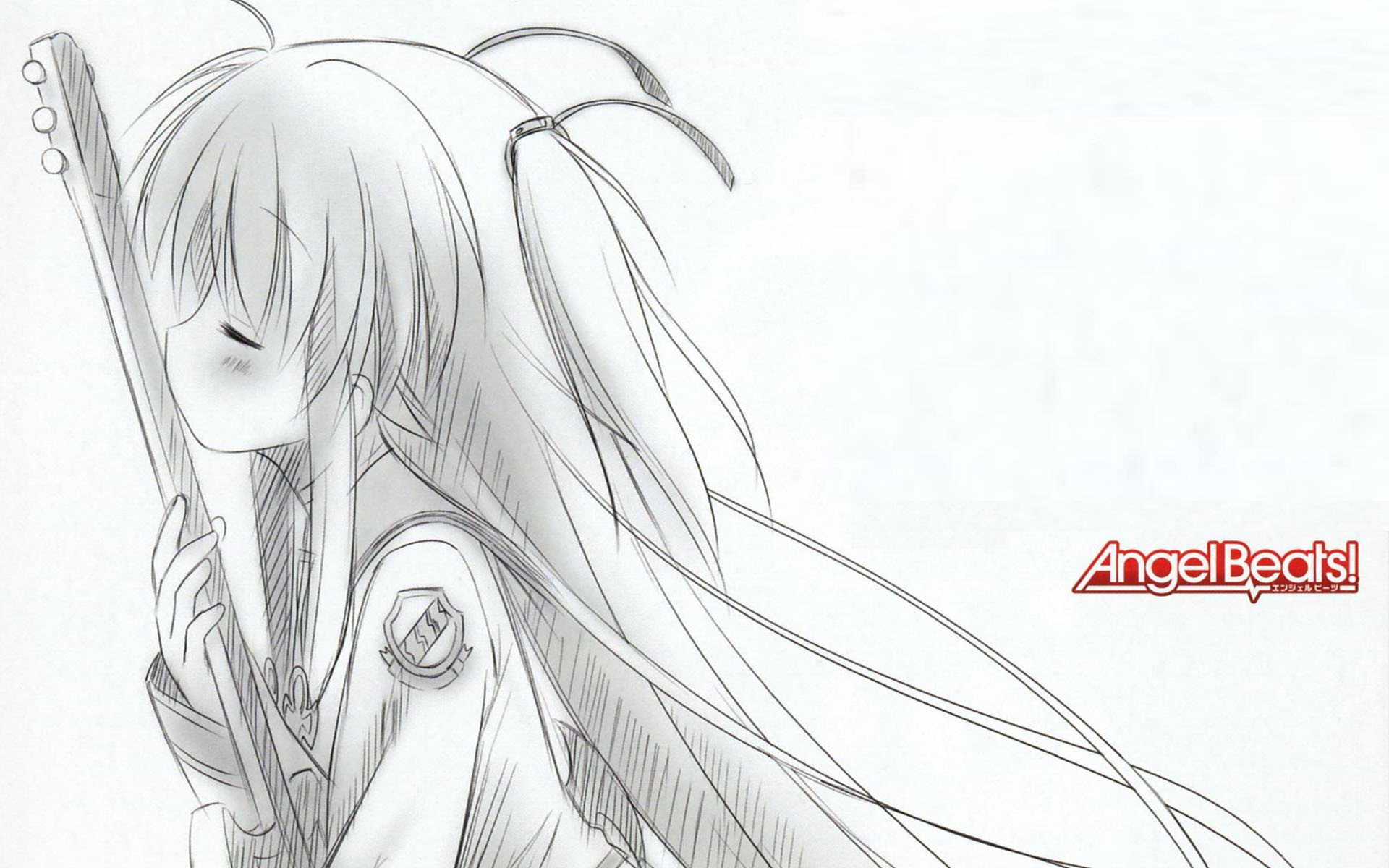 Anime 1920x1200 anime Angel Beats! anime girls guitar musical instrument long hair closed eyes simple background white background drawing