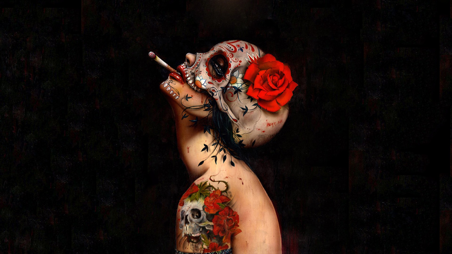 People 1920x1080 artwork women Sugar Skull Dia de los Muertos drawing smoking skull inked girls simple background
