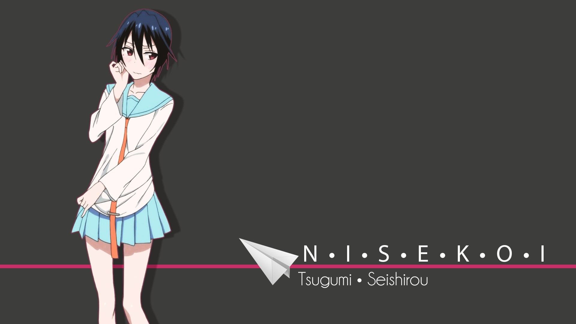 Anime 1920x1080 anime Nisekoi school uniform Tsugumi Seishirou paper planes red eyes miniskirt standing anime girls gray background simple background