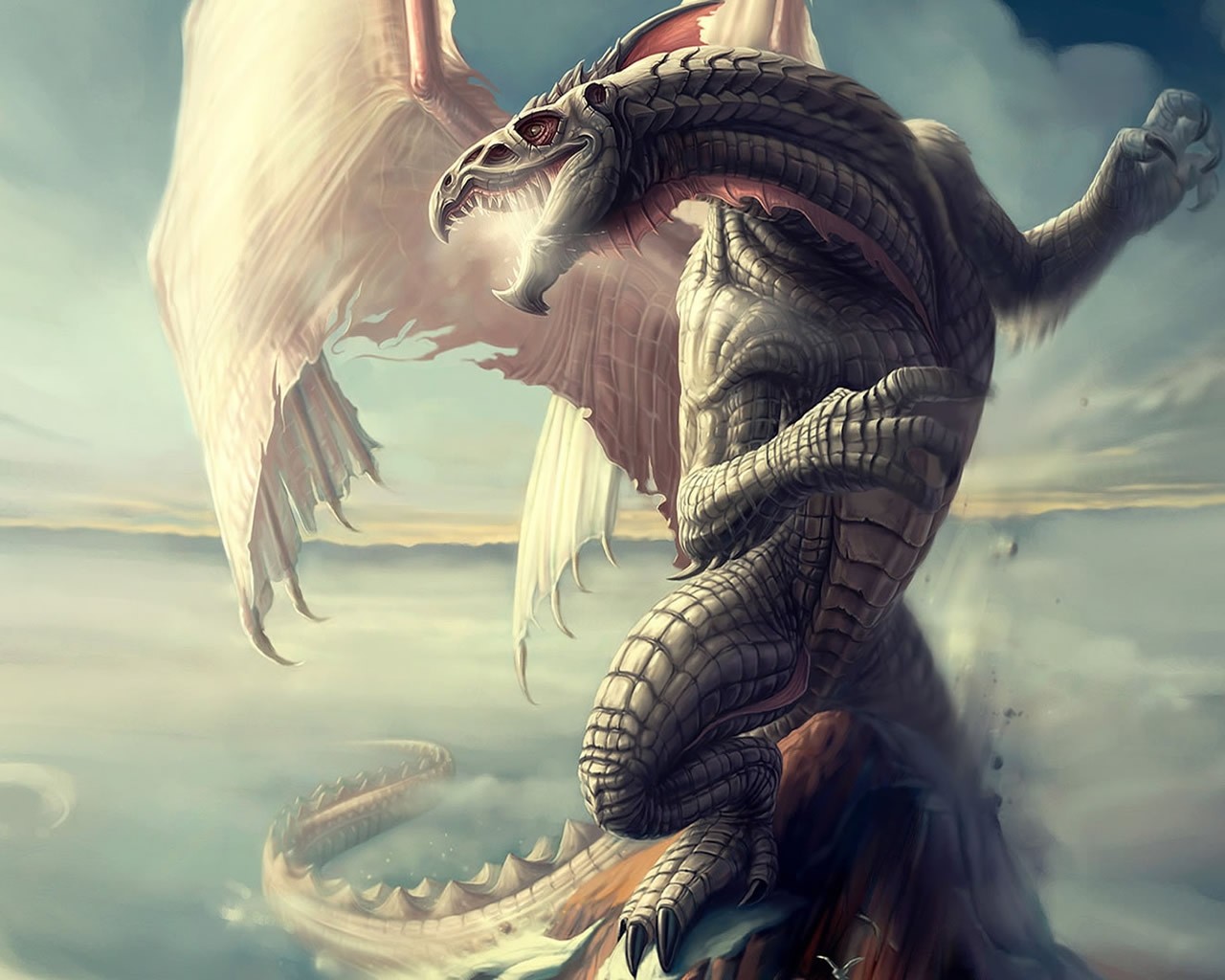 General 1280x1024 digital art dragon sky creature wings pointy teeth sunlight claws clouds