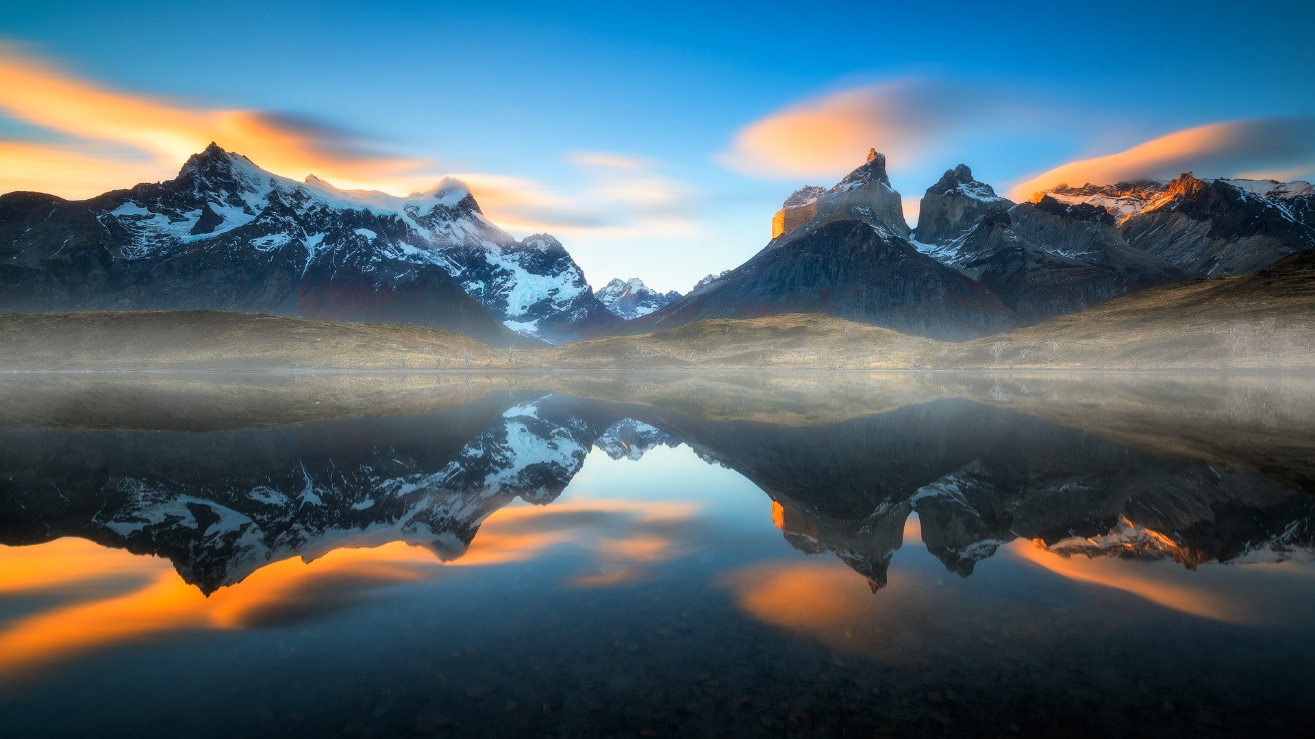General 1920x1080 nature mist landscape sunset mountains lake reflection Torres del Paine Chile water snowy peak clouds cyan sunlight South America