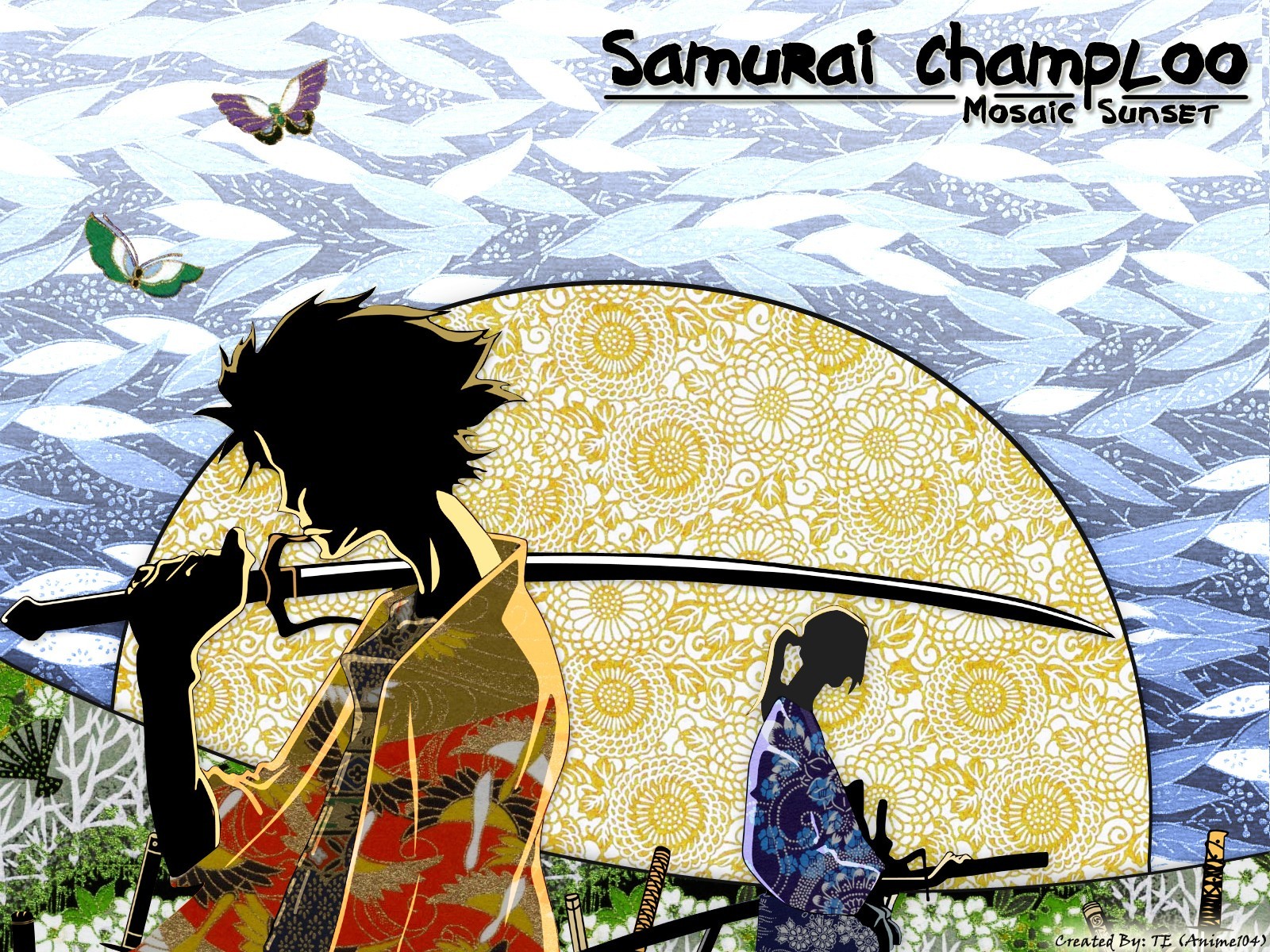 Anime 1600x1200 Samurai Champloo anime Mugen (Samurai Champloo) sword weapon anime boys butterfly silhouette Jin (Samurai Champloo) Mugen (Samurai Champloo)
