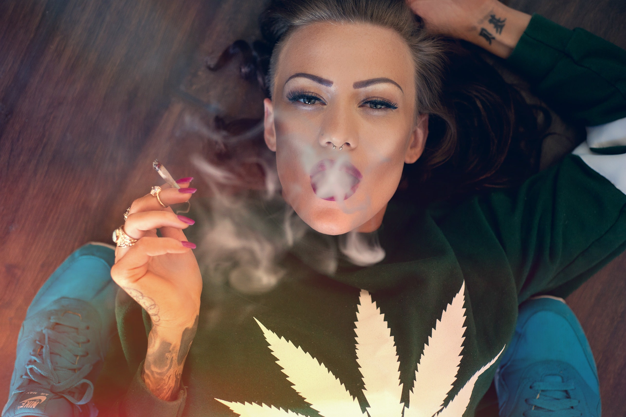 People 2574x1713 smoking cannabis smoke drugs women model nose ring closeup