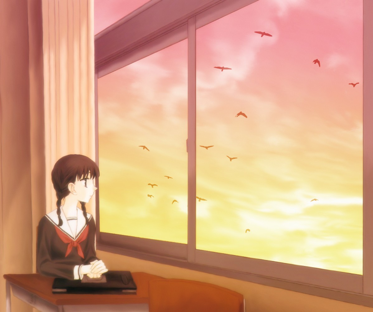 Anime 1198x1002 birds school uniform anime girls classroom looking out window orange sky sky animals sitting anime women indoors
