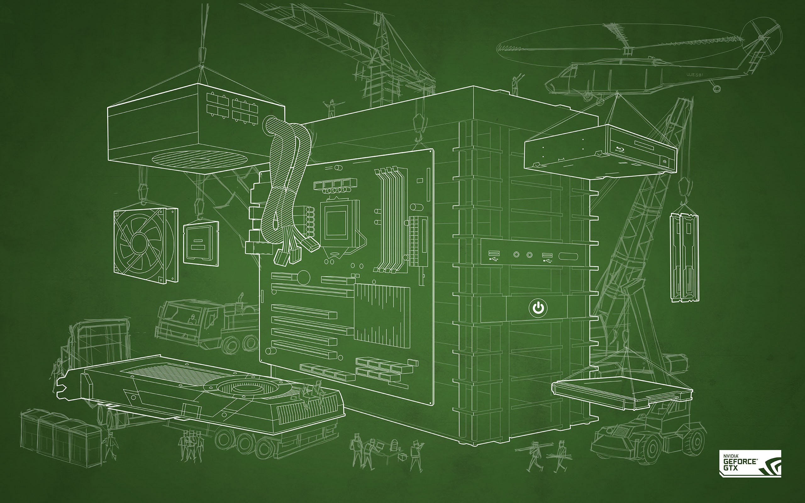 General 2560x1600 Nvidia GPUs blueprints computer construction site simple background technology green green background hardware