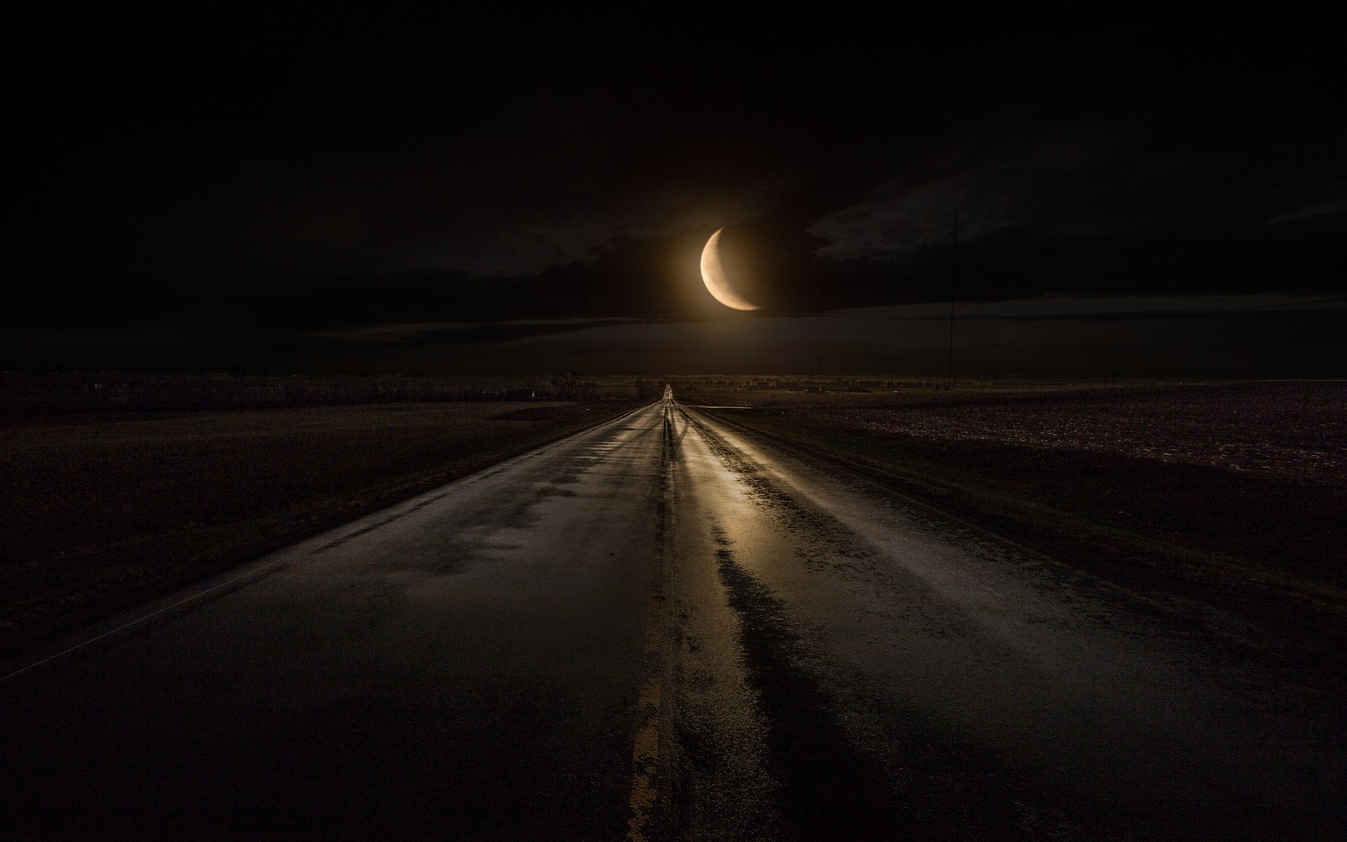 General 1920x1200 landscape rain highway road Moon Iowa midnight sky dark moonlight crescent moon low light