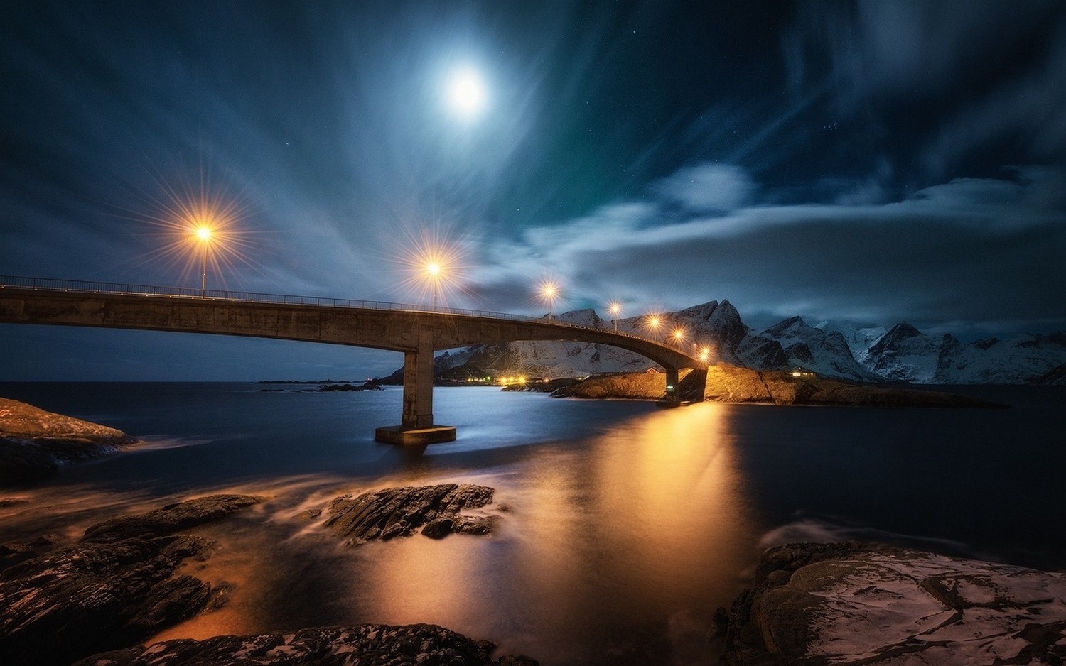 General 1500x938 nature landscape night bridge lights Moon clouds mountains island snow Norway fjord sea rocks water nordic landscapes snowy mountain