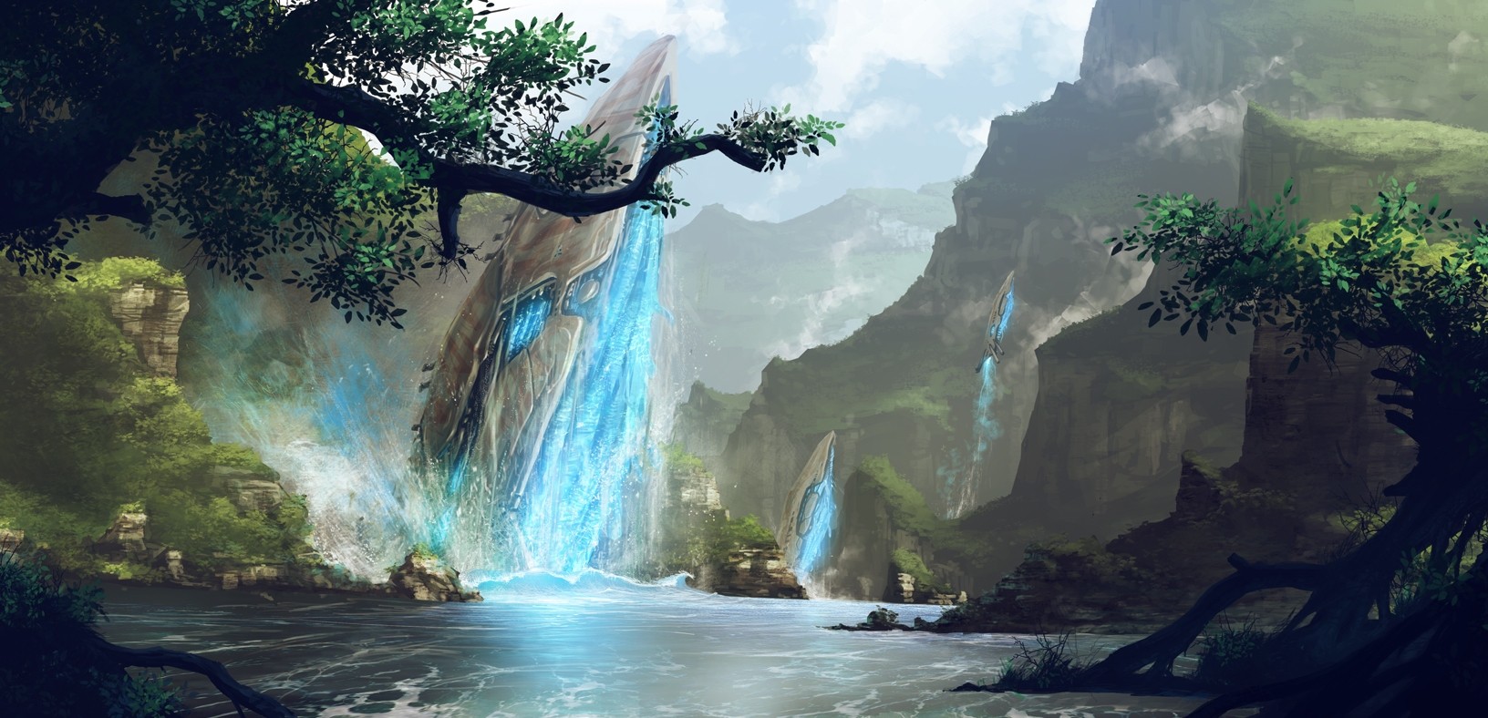 General 1632x788 river fantasy art nature video games cyan landscape water mountains rocks video game art