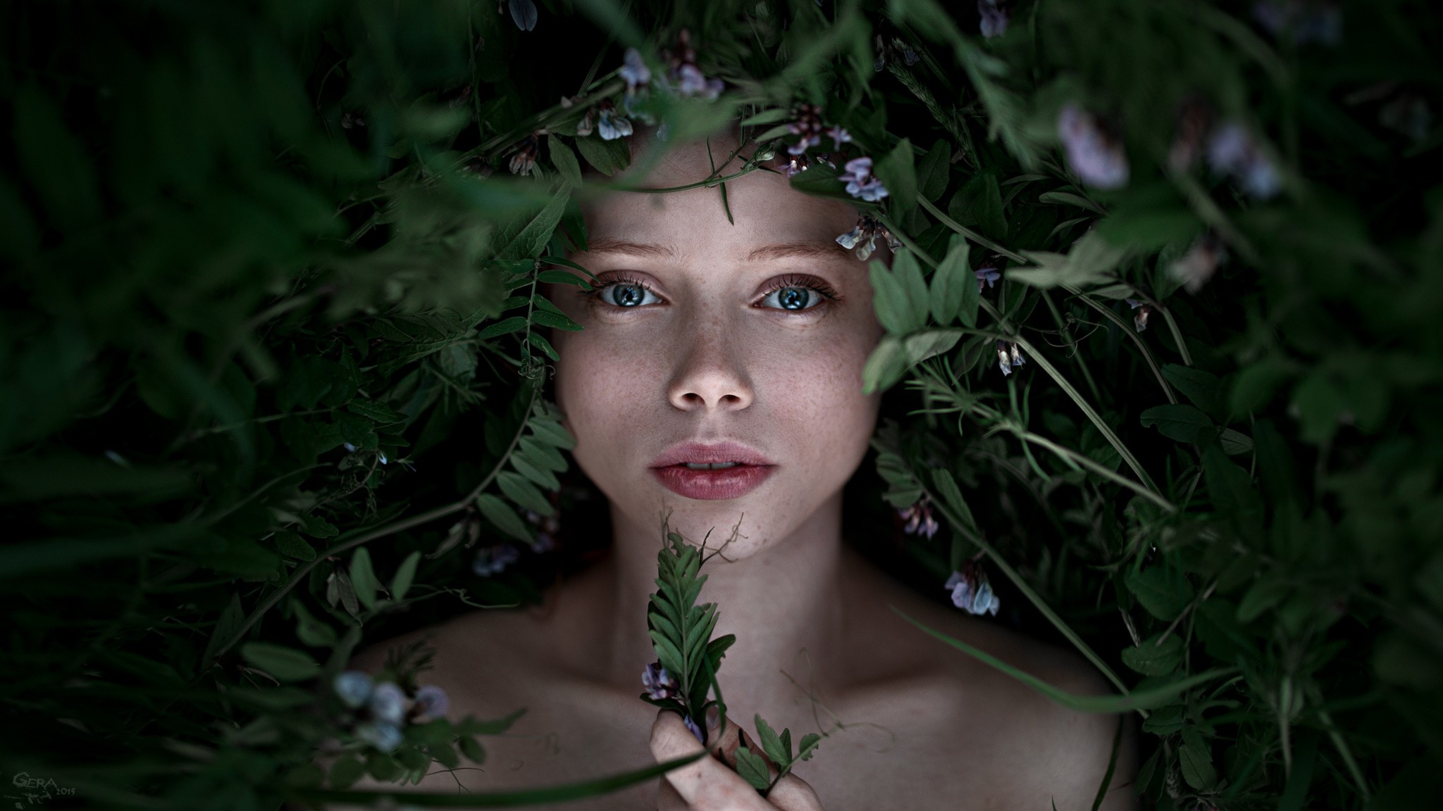 People 2048x1152 Georgy Chernyadyev women blue eyes freckles fantasy girl face model looking at viewer leaves plants flowers portrait women outdoors outdoors