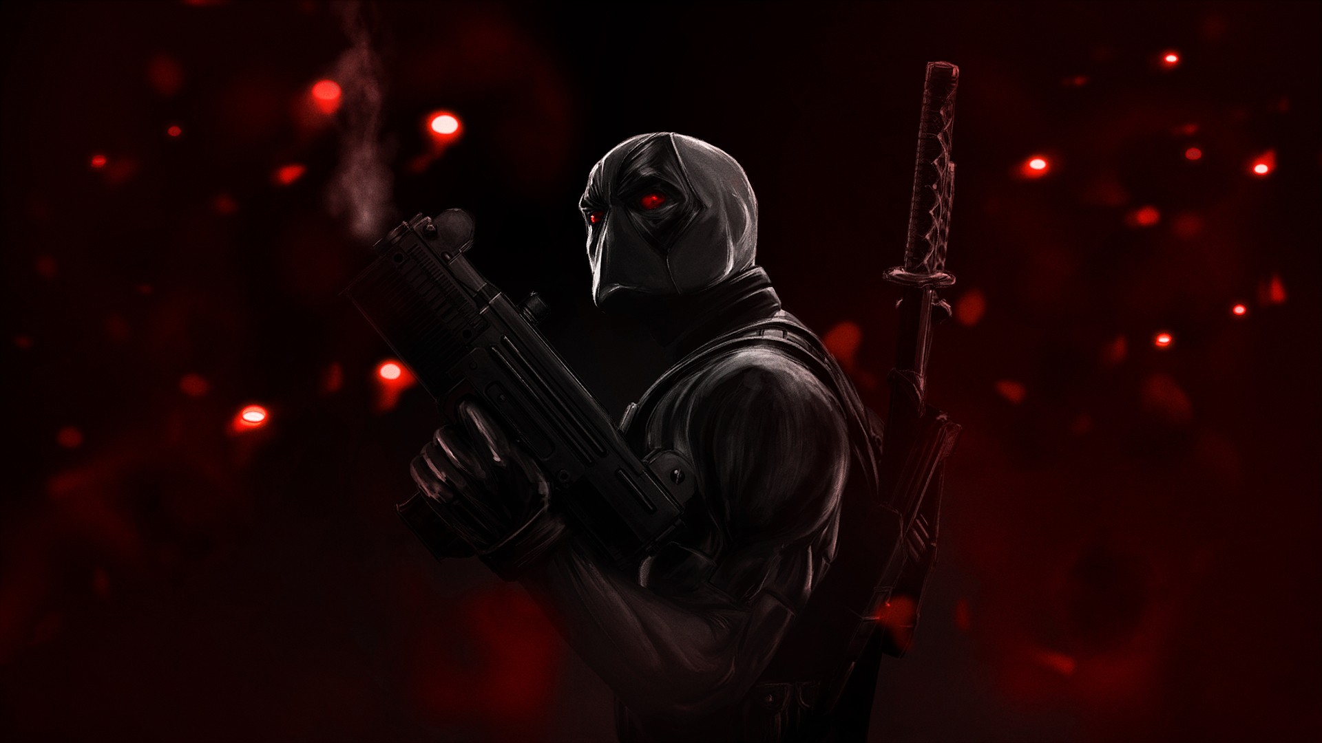 General 1920x1080 Deadpool mask weapon sword concept art antiheroes red background red eyes Marvel Comics