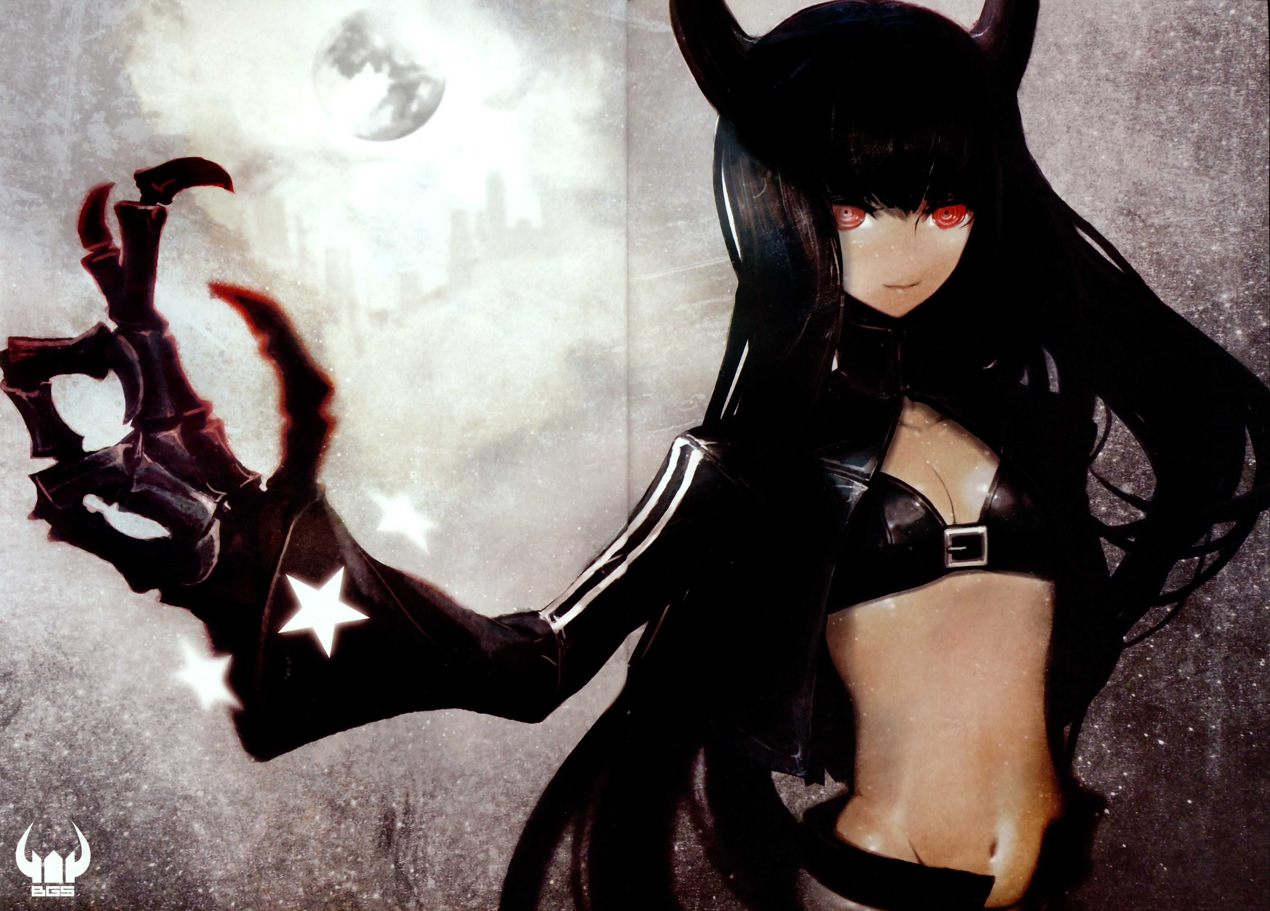 Anime 4194x3009 Black Rock Shooter Black Gold Saw anime girls anime women claws belly bra red eyes dark hair long hair small boobs looking at viewer standing