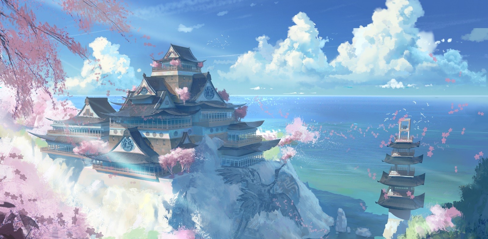 Anime 1598x784 anime Asian architecture digital art fantasy art sky clouds Asia