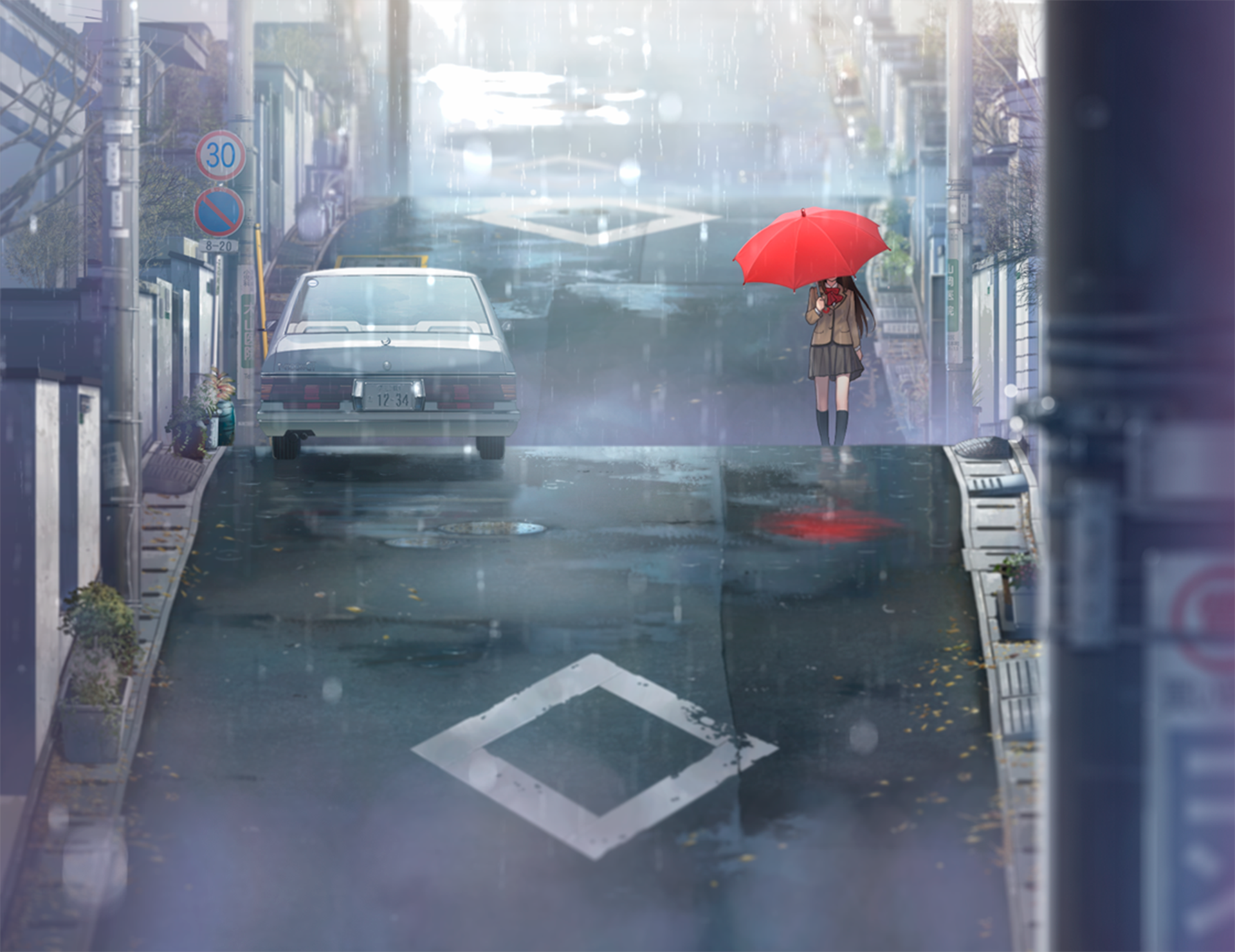 Anime 1920x1481 anime girls anime Aozaki Aoko umbrella schoolgirl rain street manga Mahoutsukai no Yoru urban moescape women outdoors women with umbrella