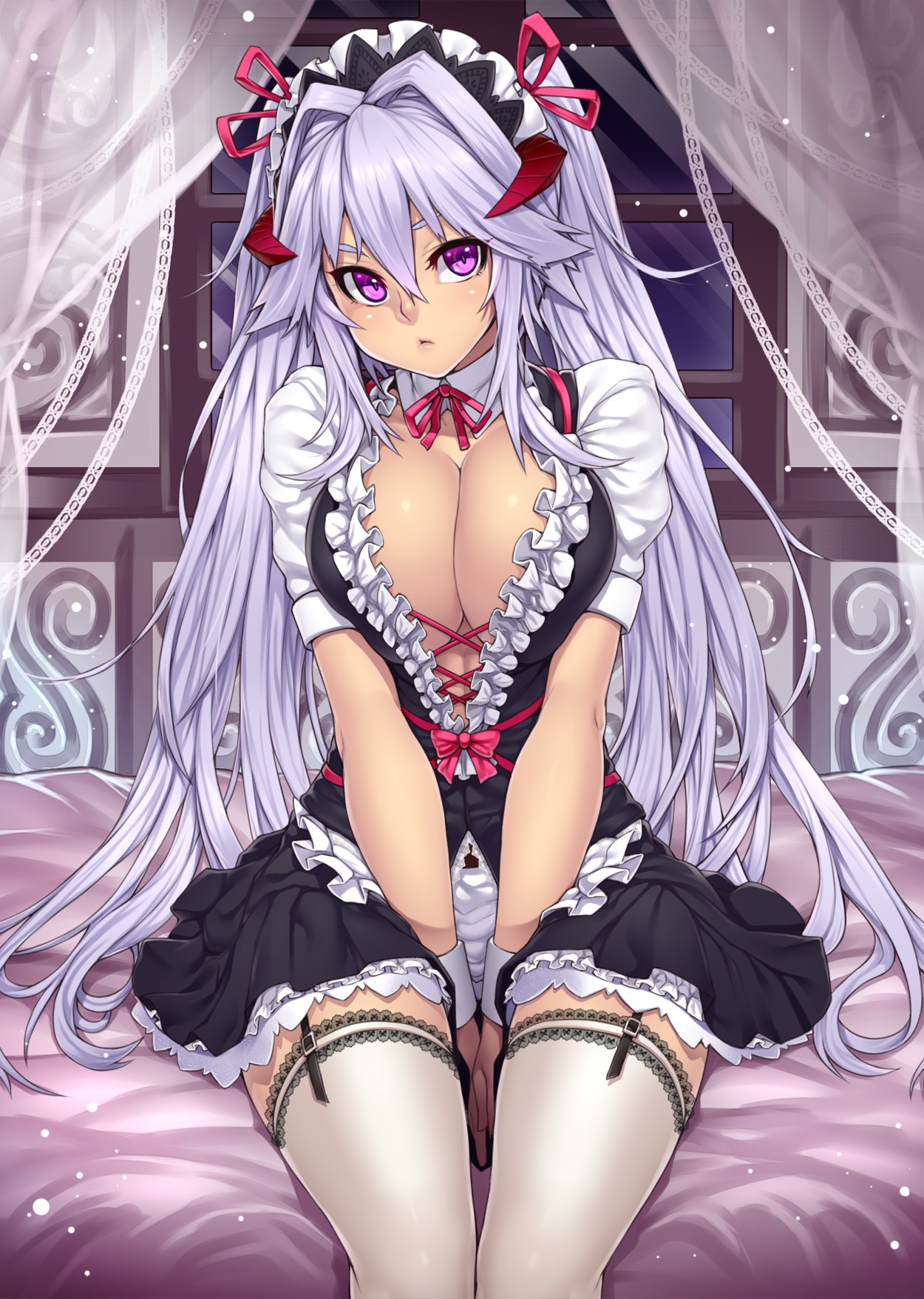 Anime 1250x1758 Houtengeki maid maid outfit cleavage holding boobs sitting boobs big boobs looking at viewer anime anime girls fantasy girl purple eyes