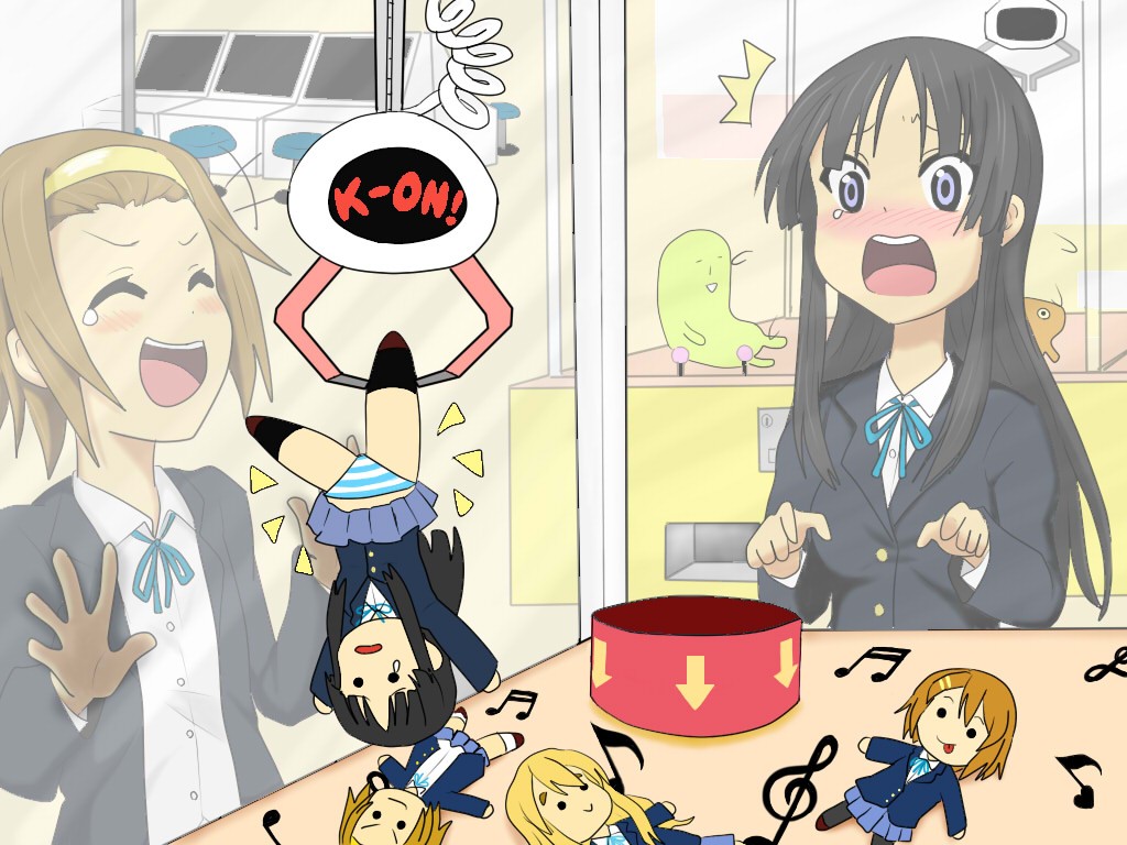 Anime 1024x768 K-ON! anime girls Akiyama Mio Tainaka Ritsu anime open mouth two women women indoors puppets