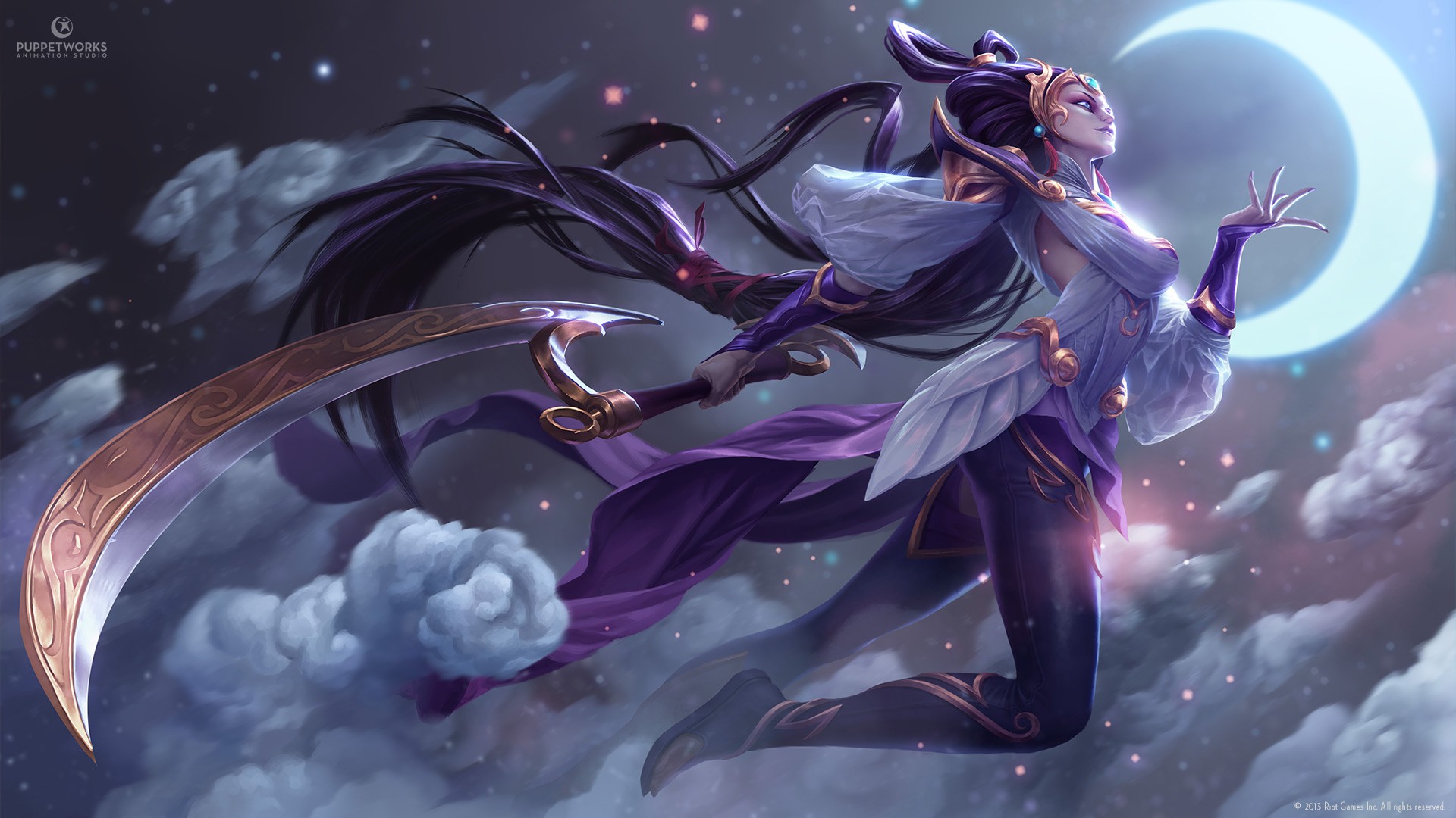 General 1920x1080 League of Legends PC gaming fantasy girl Moon Diana (League of Legends) video game girls video game characters video game art weapon purple hair long hair