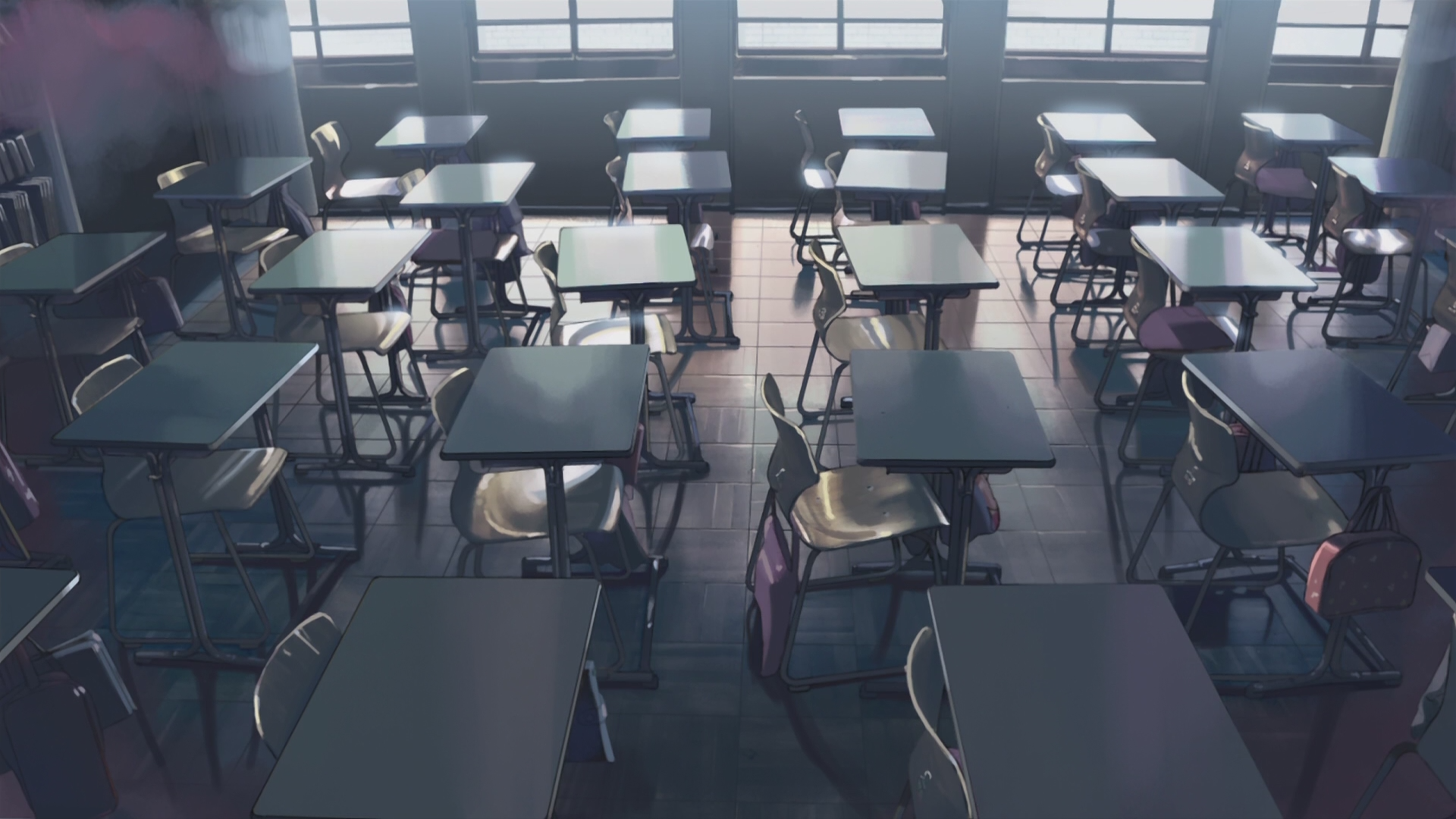 Anime 1920x1080 anime school classroom desk deck chairs window books Makoto Shinkai  indoors