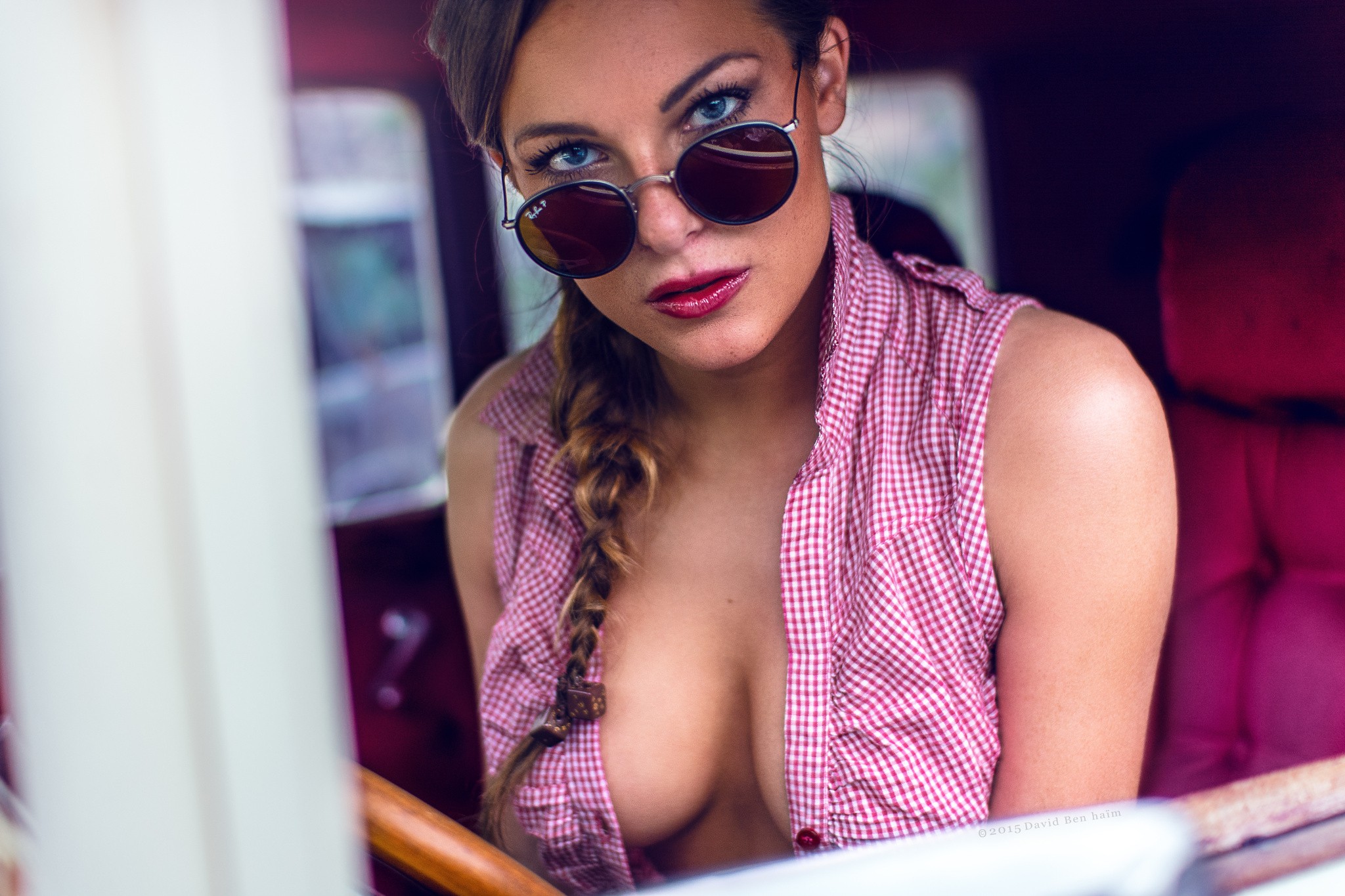 People 2048x1365 women model open shirt car face women with glasses blue eyes boobs looking at viewer David Ben Haim Clara Chelsy cleavage watermarked sunglasses women with shades makeup